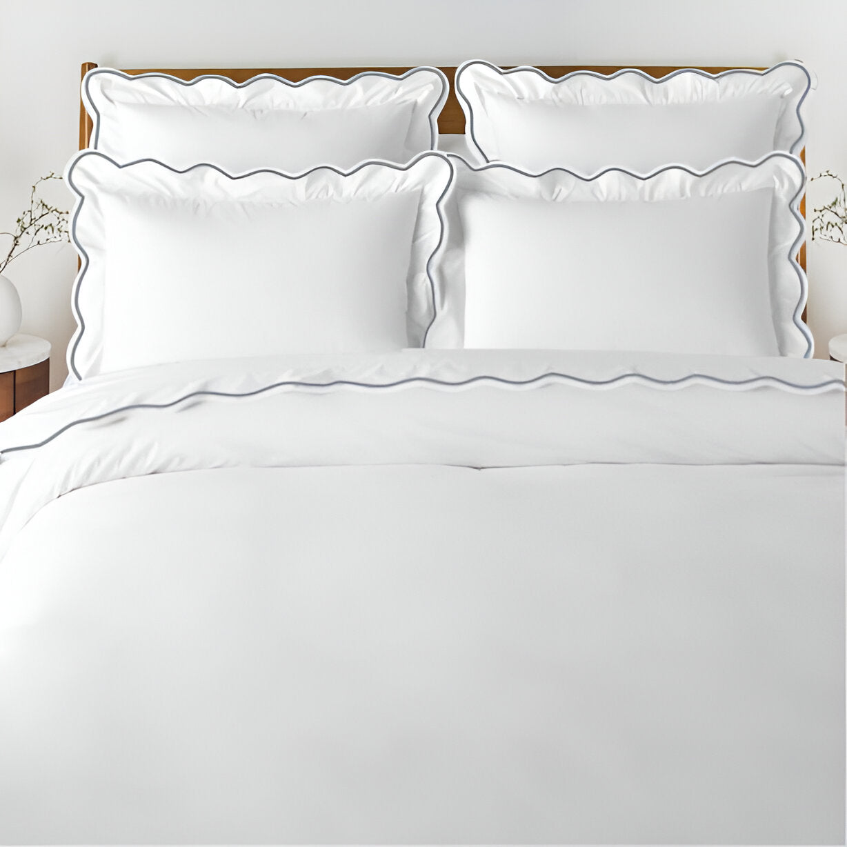 400TC Cotton Scallop Embroidery Sateen Solid Duvet Cover Set