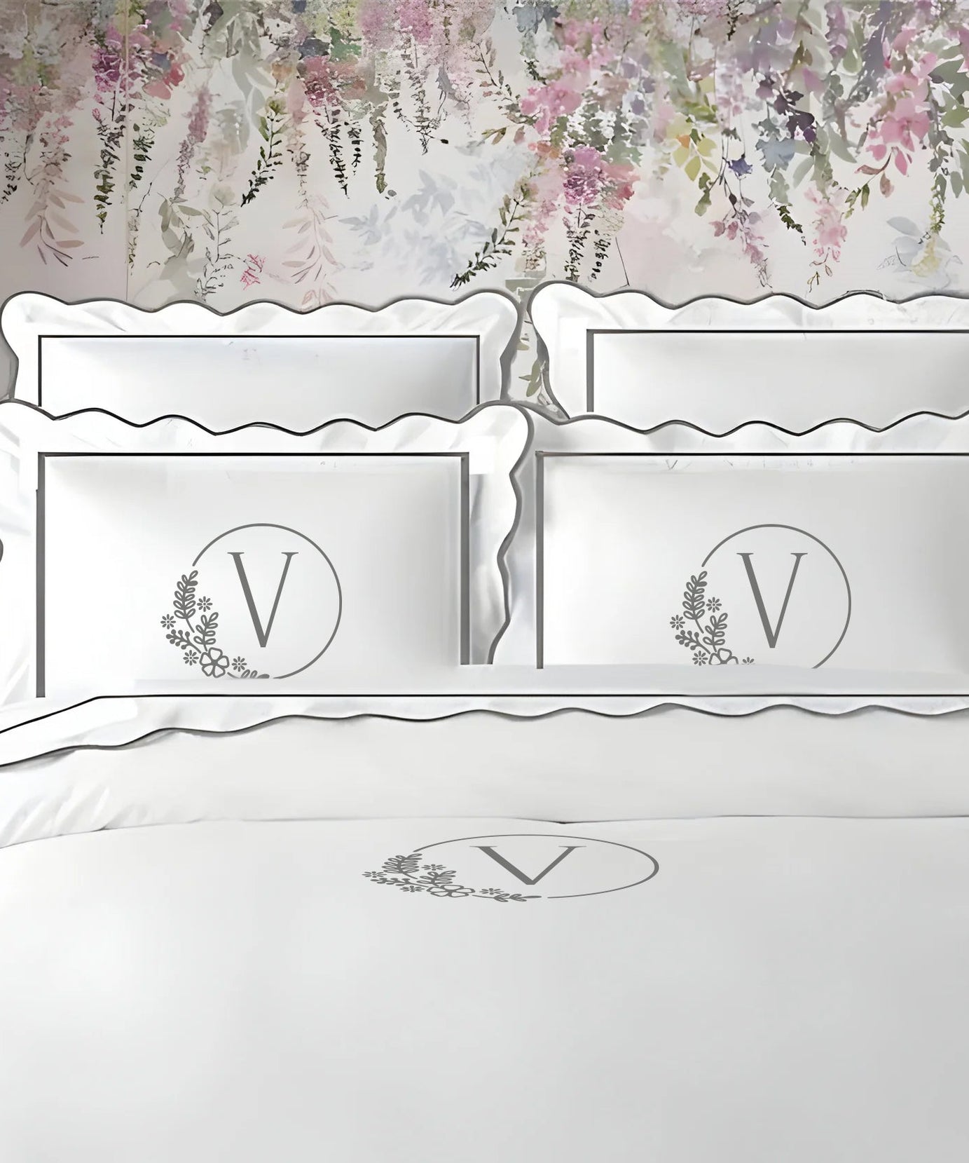 Monogram 400TC Cotton Scallop Embroidery & Border Sateen Solid Duvet Cover Set