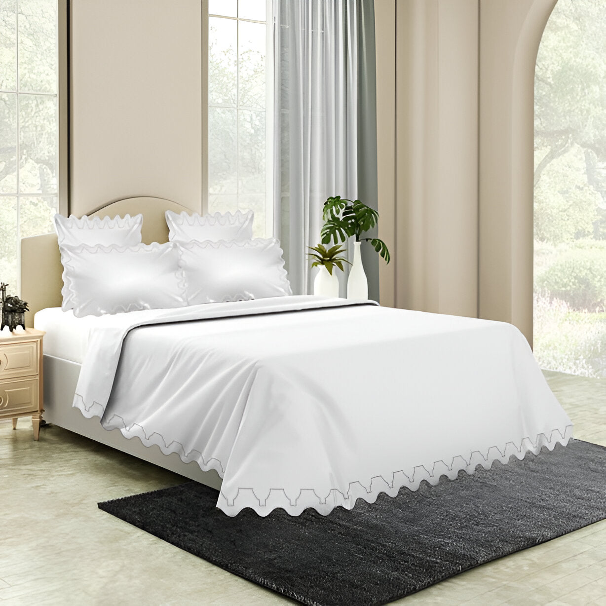 Imaginary Scallop 400TC Cotton Embroidery Sateen Solid Duvet Cover Set
