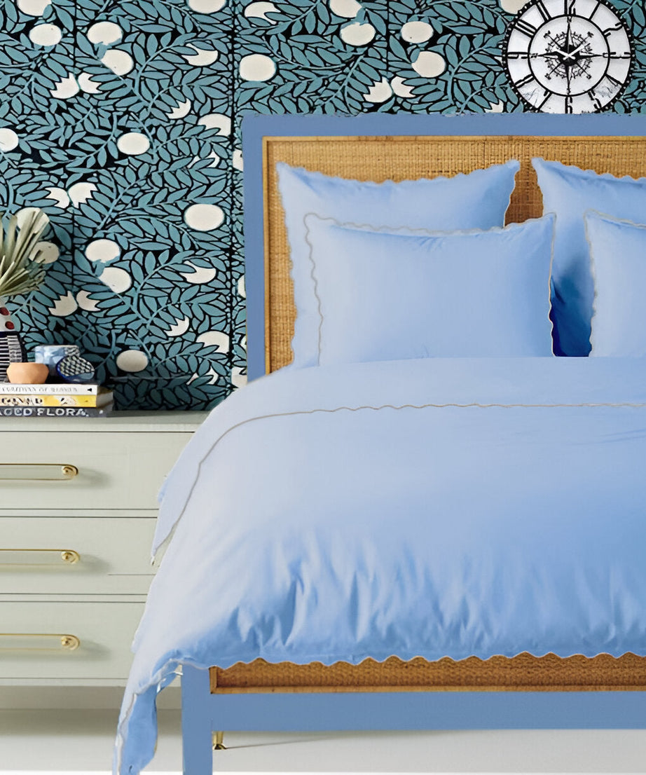 Light Blue 400TC Cotton Small Scallop Embroidery Duvet Cover Set