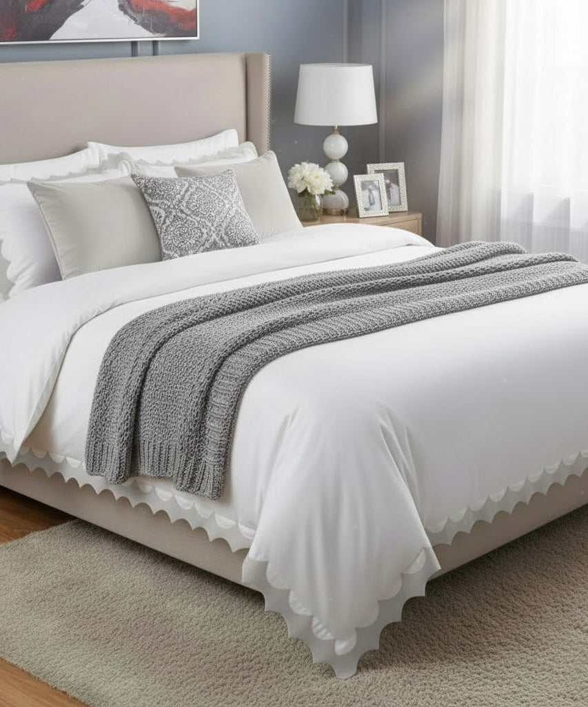 Reverse Scalloped Applique Embroidery Cotton Duvet Cover Set