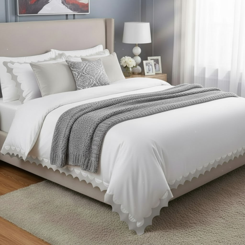 Reverse Scalloped Applique Embroidery Cotton Duvet Cover Set