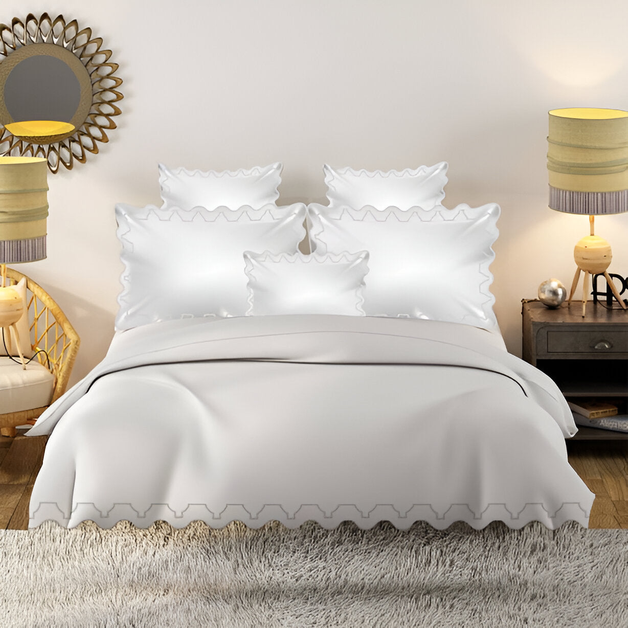 Imaginary Scallop 400TC Cotton Embroidery Sateen Solid Duvet Cover Set