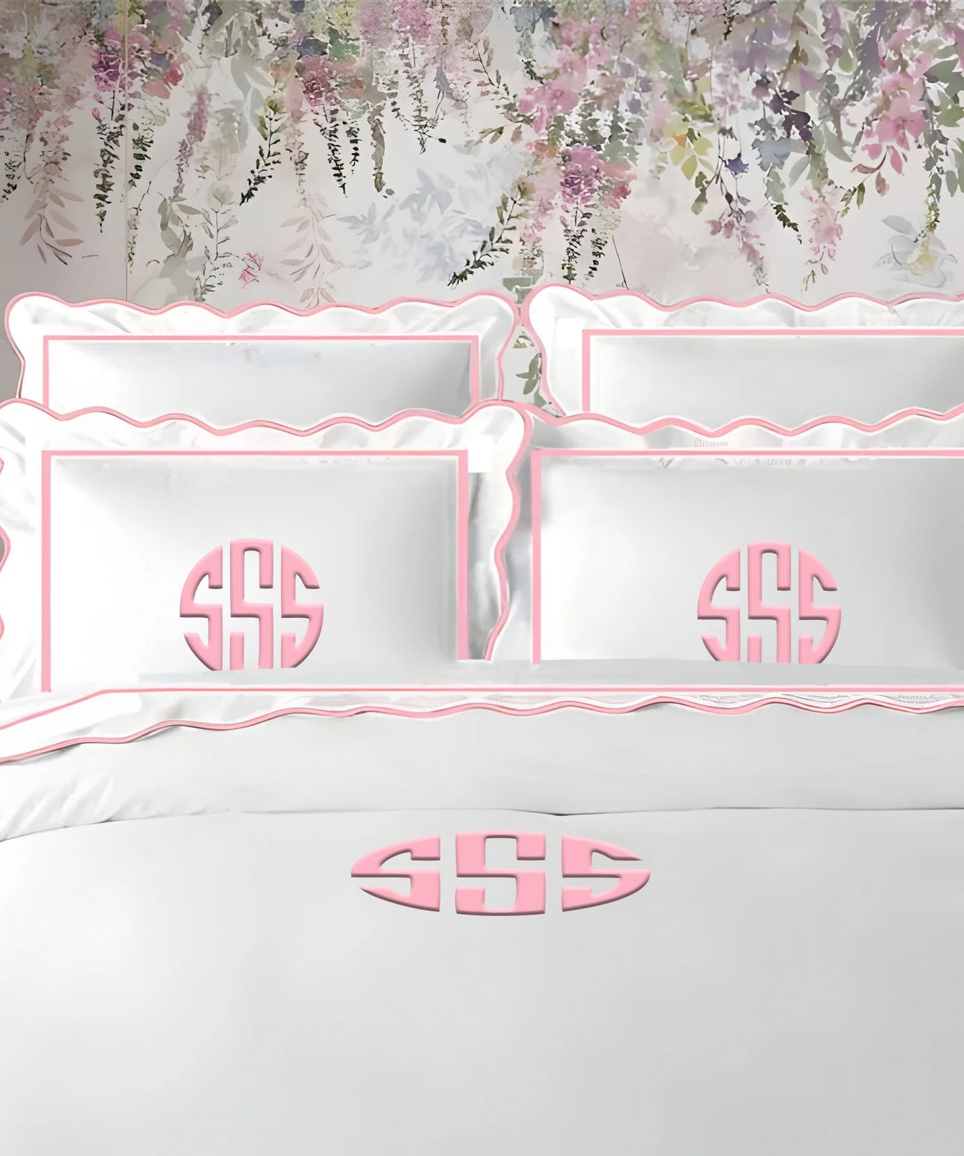 Monogram 400TC Cotton Scallop Embroidery & Border Sateen Solid Duvet Cover Set