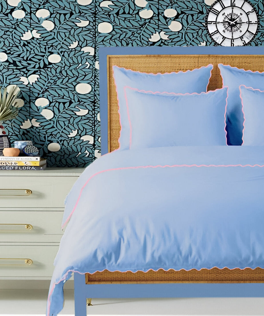 Light Blue 400TC Cotton Small Scallop Embroidery Duvet Cover Set