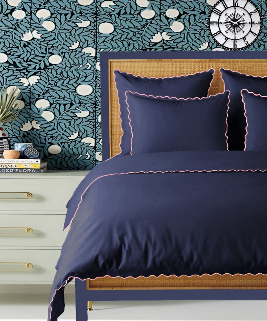 Navy 400TC Cotton Small Scallop Embroidery Duvet Cover Set