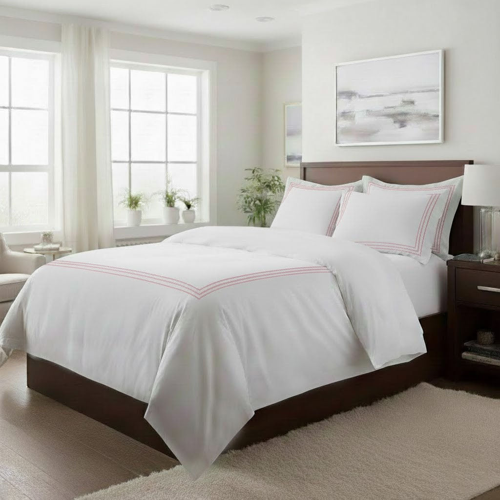 400TC Cotton Triple Embroidery Sateen Solid Duvet Cover Set