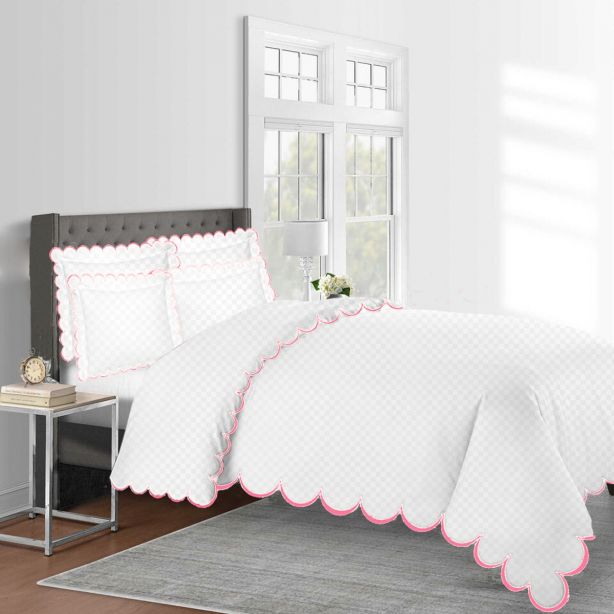 Allena 400TC Cotton Scallop Embroidery Sateen Microcheck Duvet Cover Set