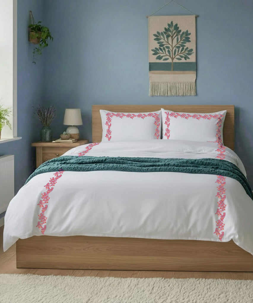 Bird Embroidered Cotton Duvet Cover Set
