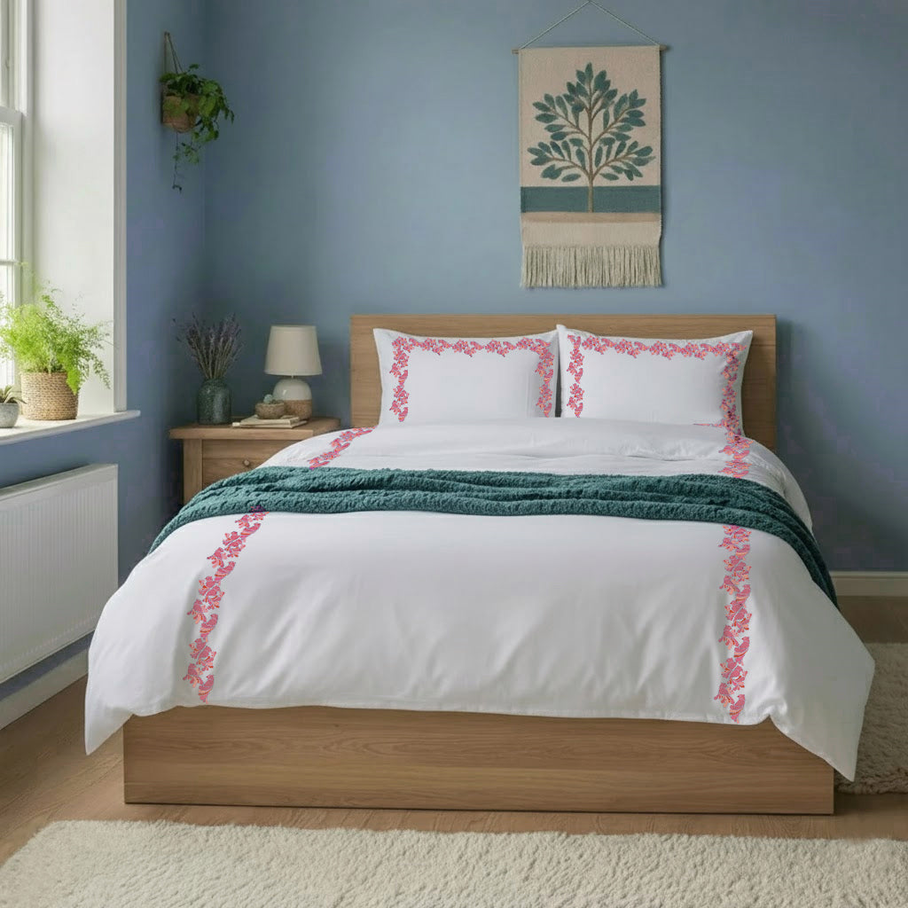 Bird Embroidered Cotton Duvet Cover Set