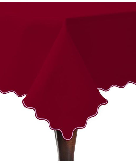Scallop Embroidery Sateen Cotton Solid Table Cloth - Burgundy