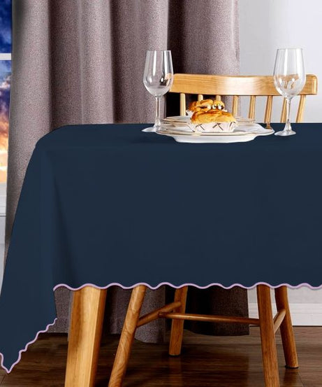 Scallop Embroidery Sateen Cotton Solid Table Cloth - Navy
