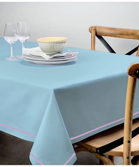 Single Embroidery Border Sateen Cotton Solid Table Cloth - Light Blue