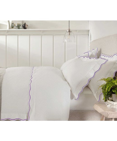 400TC Cotton Scallop Embroidery Sateen Microcheck Duvet Cover Set
