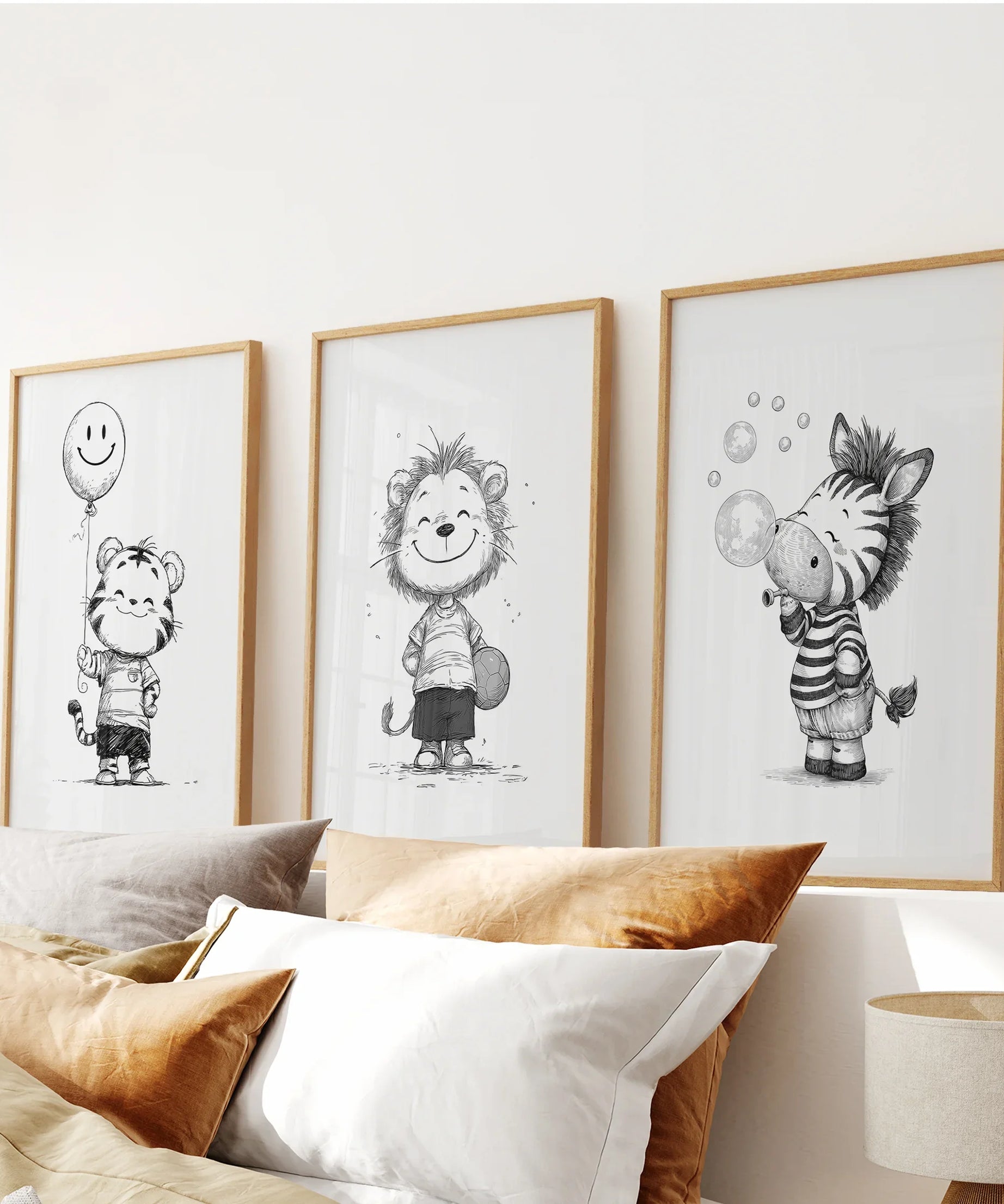 Black White Gender-Neutral Nursery Art Set. Lion Tiger Zebra