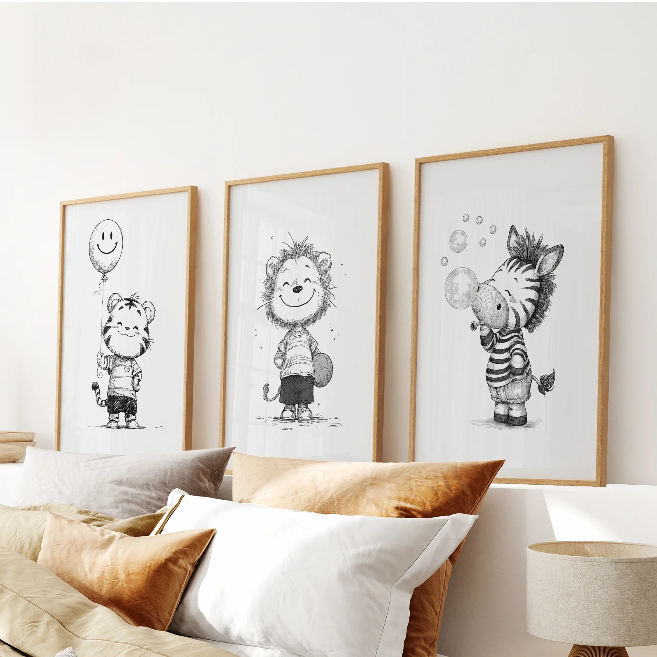Black White Gender-Neutral Nursery Art Set. Lion Tiger Zebra