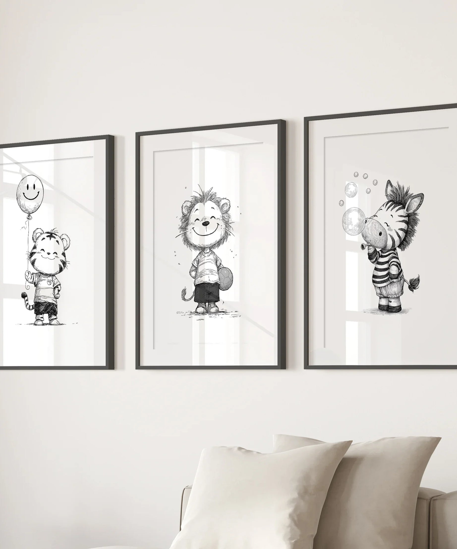 Black White Gender-Neutral Nursery Art Set. Lion Tiger Zebra