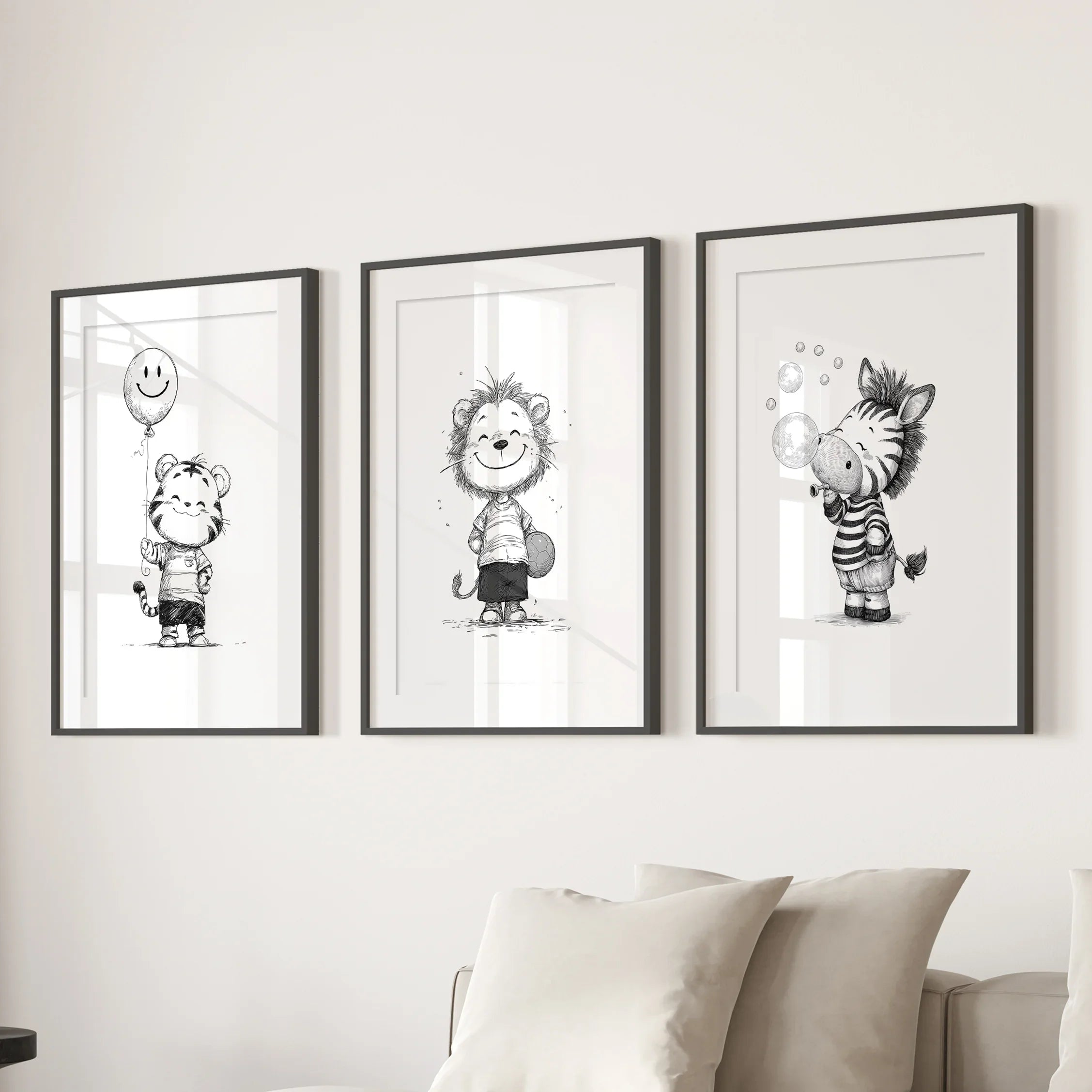 Black White Gender-Neutral Nursery Art Set. Lion Tiger Zebra