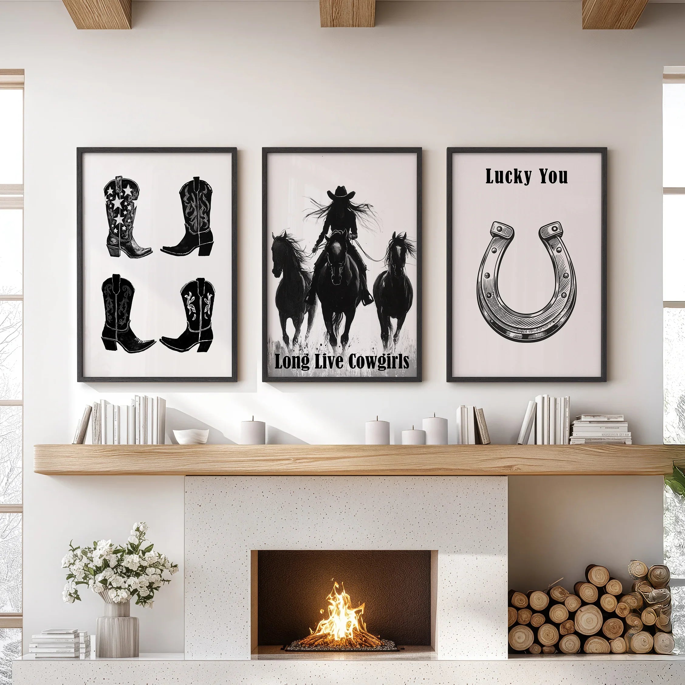 Western Cowgirl Wall Art Set of 3. Rustic Ranch Decor