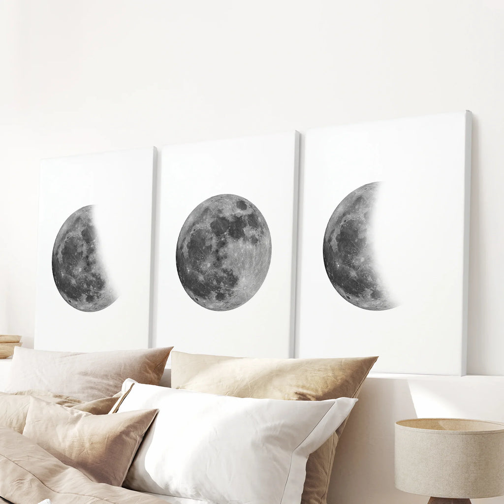 Moon Phases Set of 3 Prints. Black and White Lunar Cycle