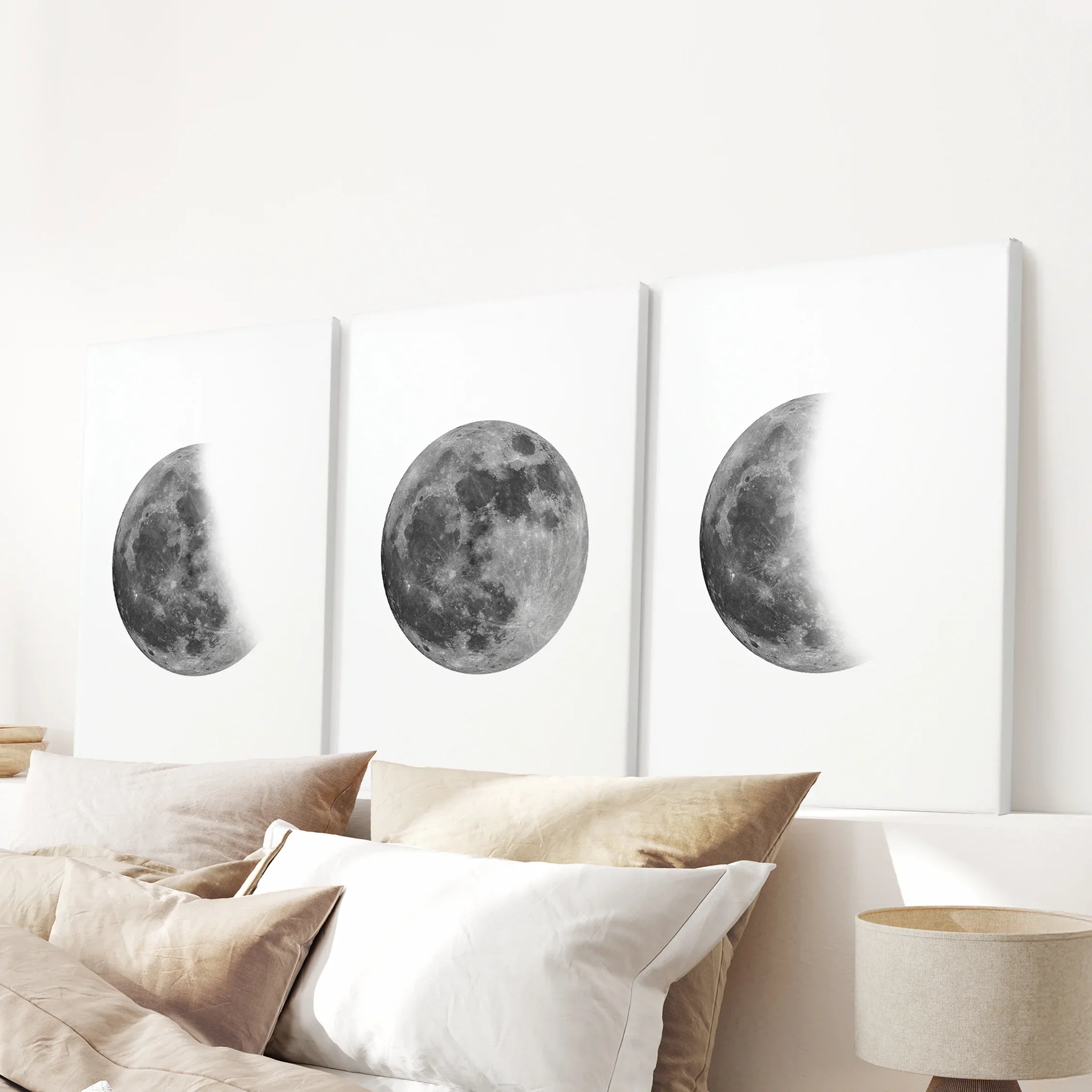 Moon Phases Set of 3 Prints. Black and White Lunar Cycle