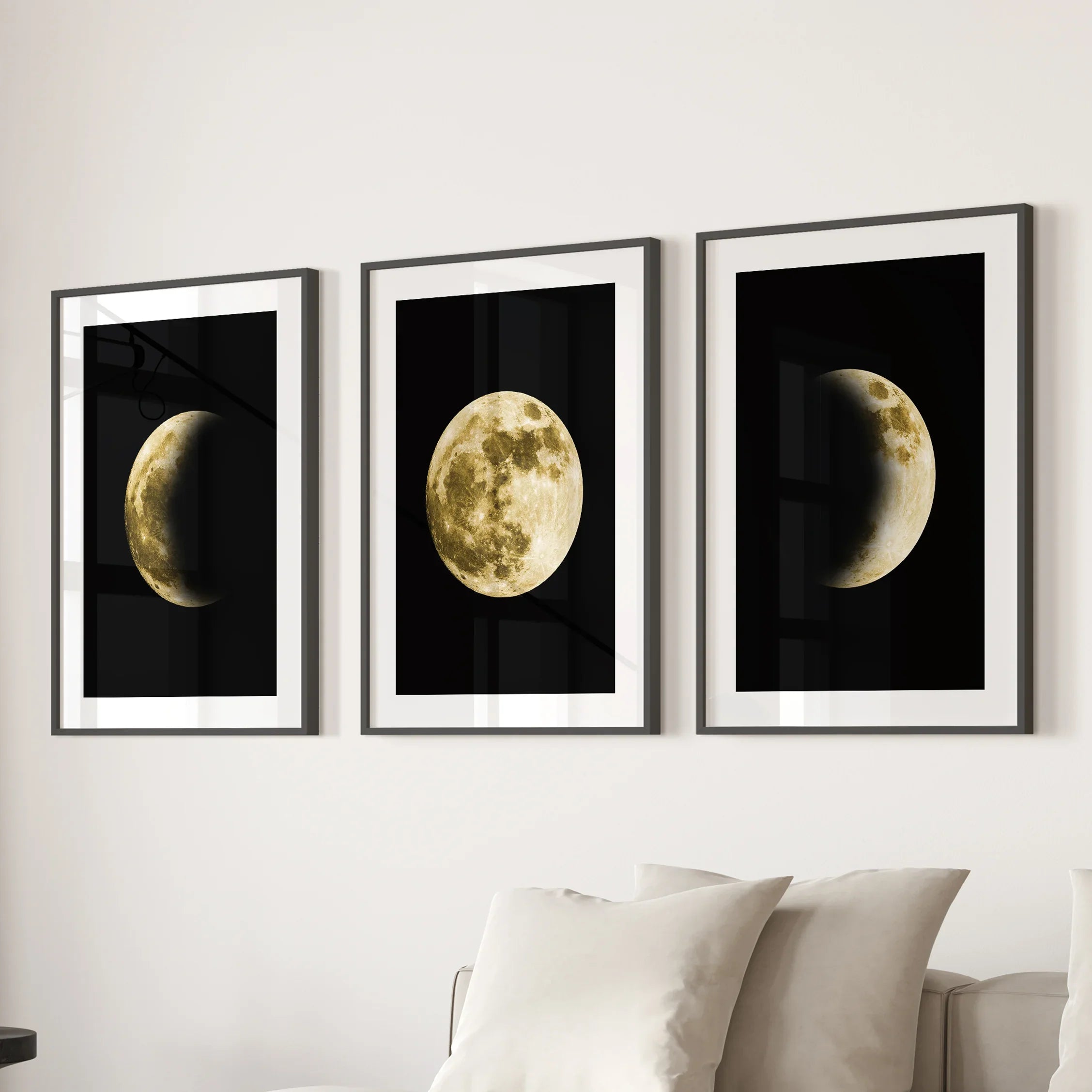 Celestial Moon 3 Piece Wall Decor. Gold Full Moon, Phases