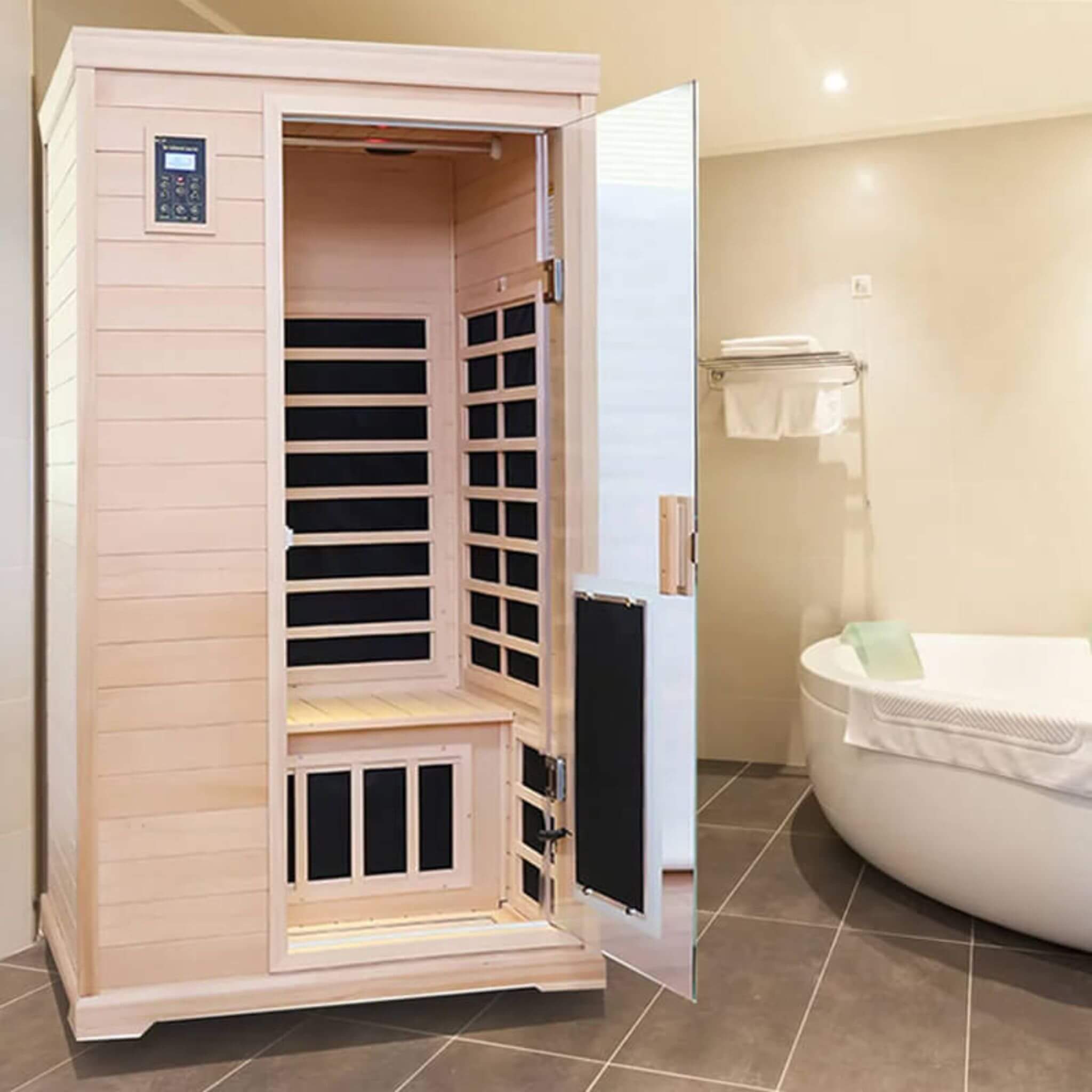 Thermora Ivara Luxury 2-Person Hemlock Wood FAR Infrared Sauna Room W/ Glass Door, 1750W (SAK81525)