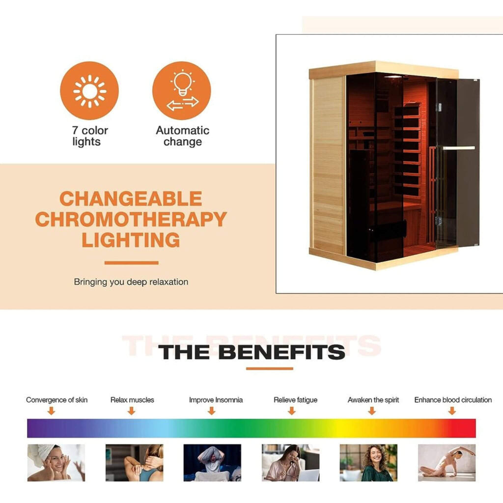 Thermora Valen Luxury 2000W 2-Person Low EMF FAR Infrared Heat Wood Home Personal Spa Sauna W/ Panoramic Tempered Glass (SAK27481)