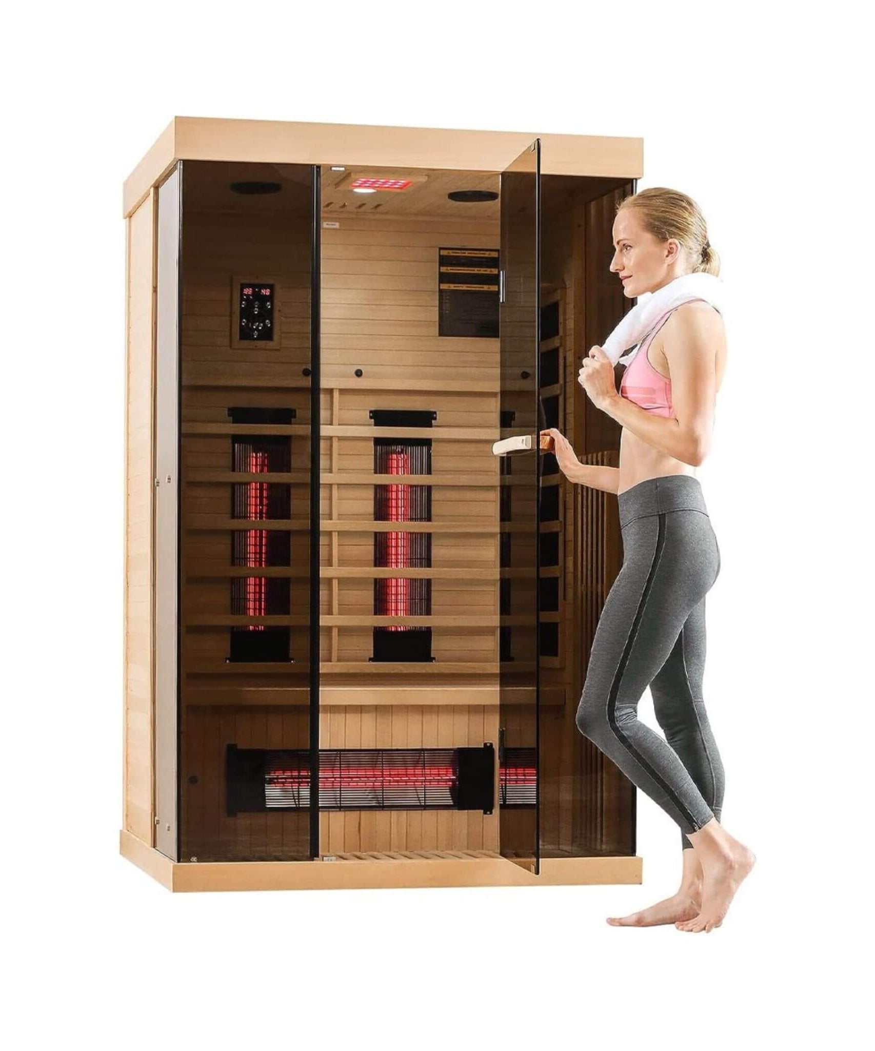 Thermora Valen Luxury 2000W 2-Person Low EMF FAR Infrared Heat Wood Home Personal Spa Sauna W/ Panoramic Tempered Glass (SAK27481)