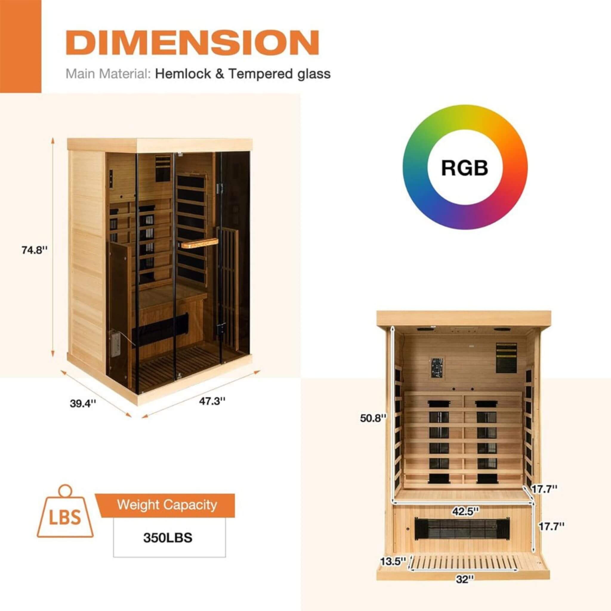 Thermora Valen Luxury 2000W 2-Person Low EMF FAR Infrared Heat Wood Home Personal Spa Sauna W/ Panoramic Tempered Glass (SAK27481)