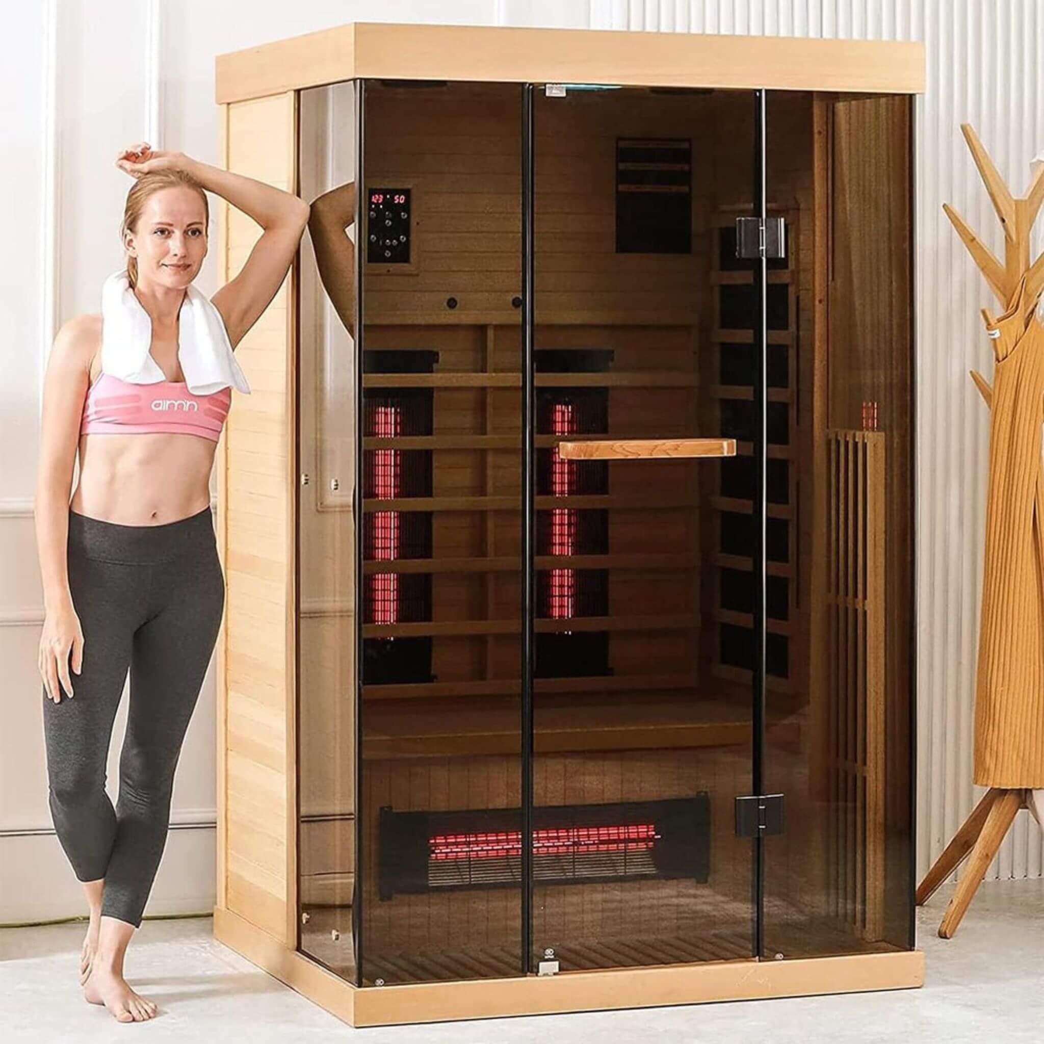 Thermora Valen Luxury 2000W 2-Person Low EMF FAR Infrared Heat Wood Home Personal Spa Sauna W/ Panoramic Tempered Glass (SAK27481)
