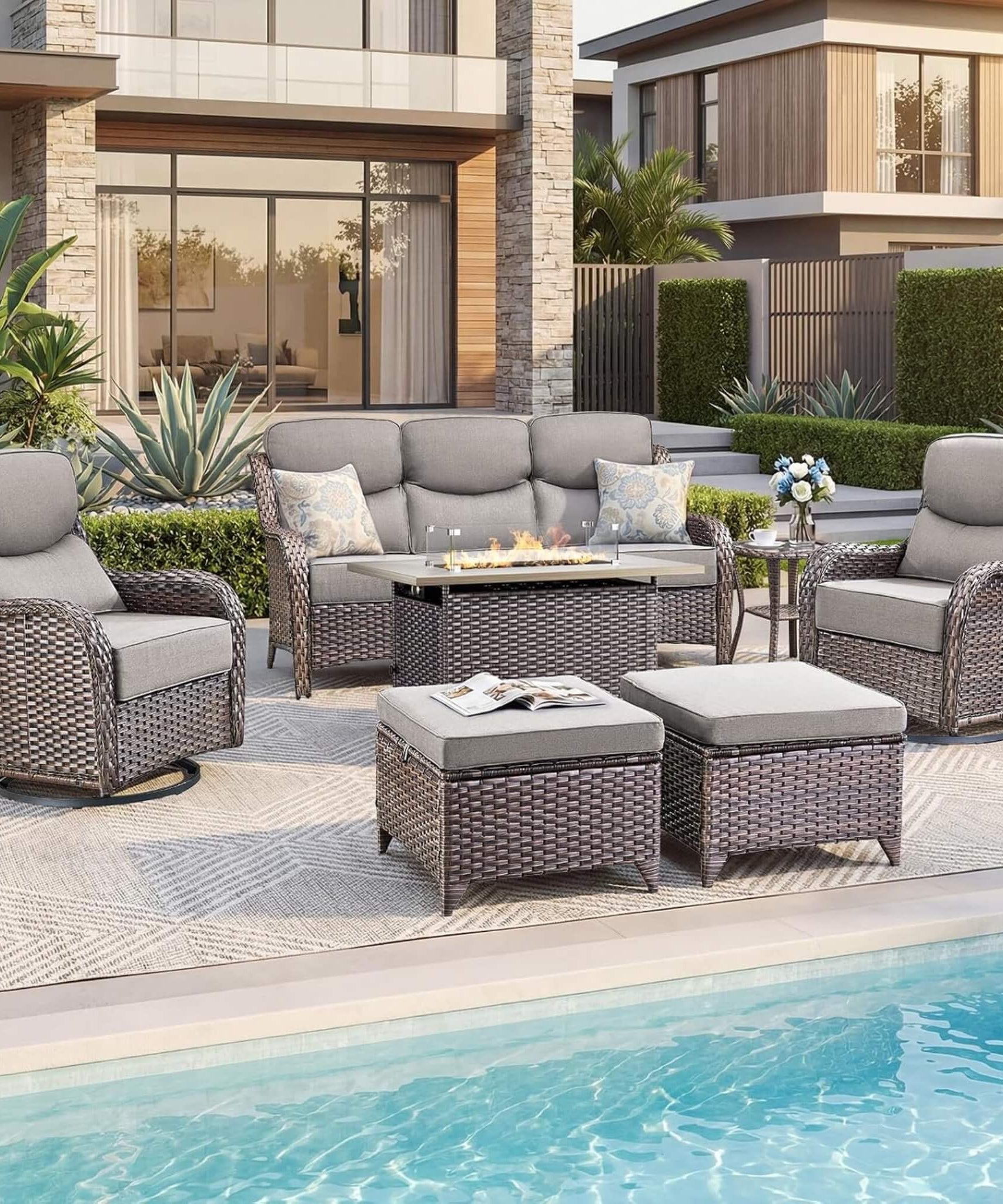 Alora Luxury 7-Piece Outdoor Patio Furniture Set With Fire Pit Table (SAK57391)