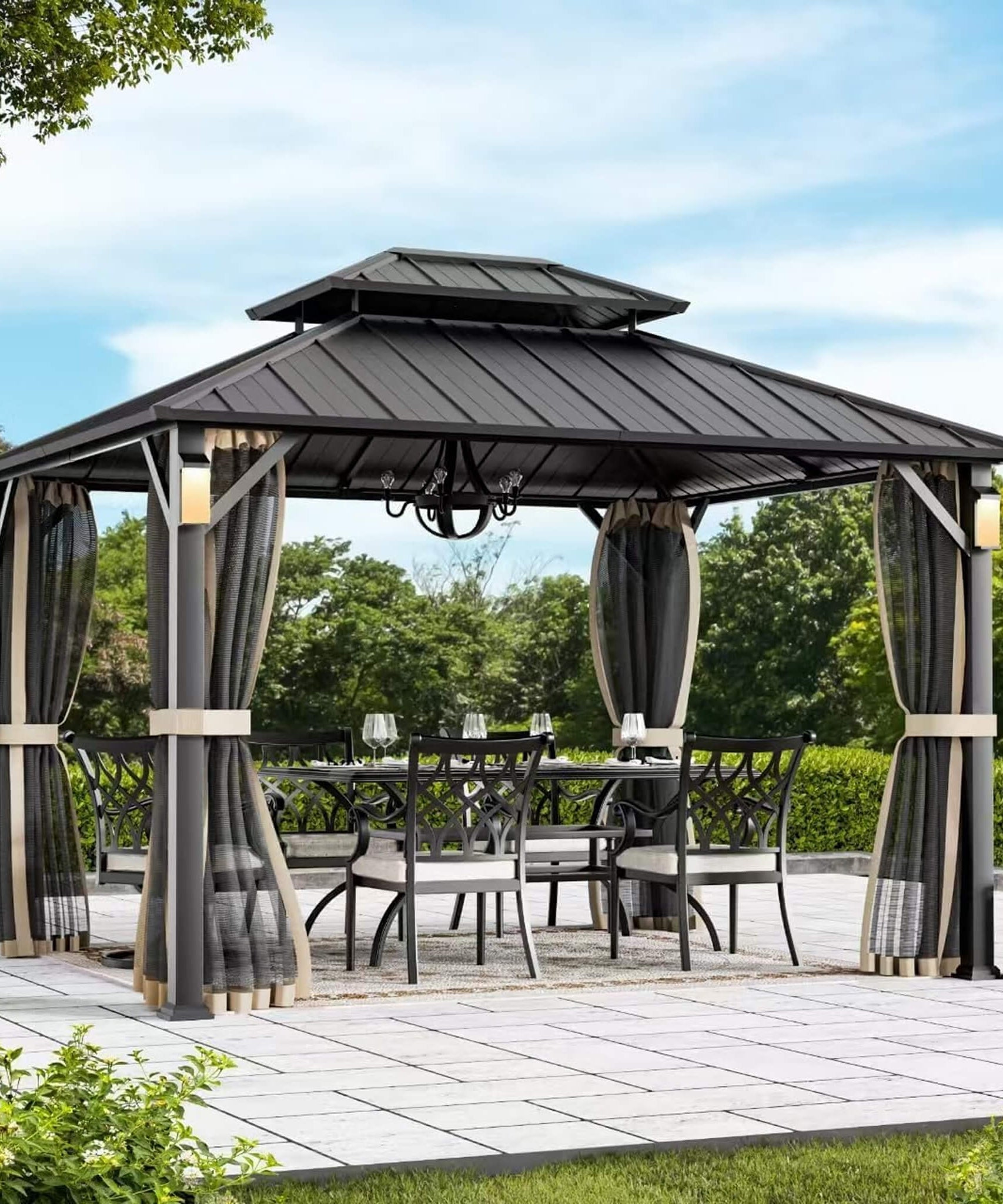 Alora Luxury Double Roof Hardtop Aluminum Gazebo With Decor Hooks, Mosquito Nettings, And LED Lights (SAK91824)
