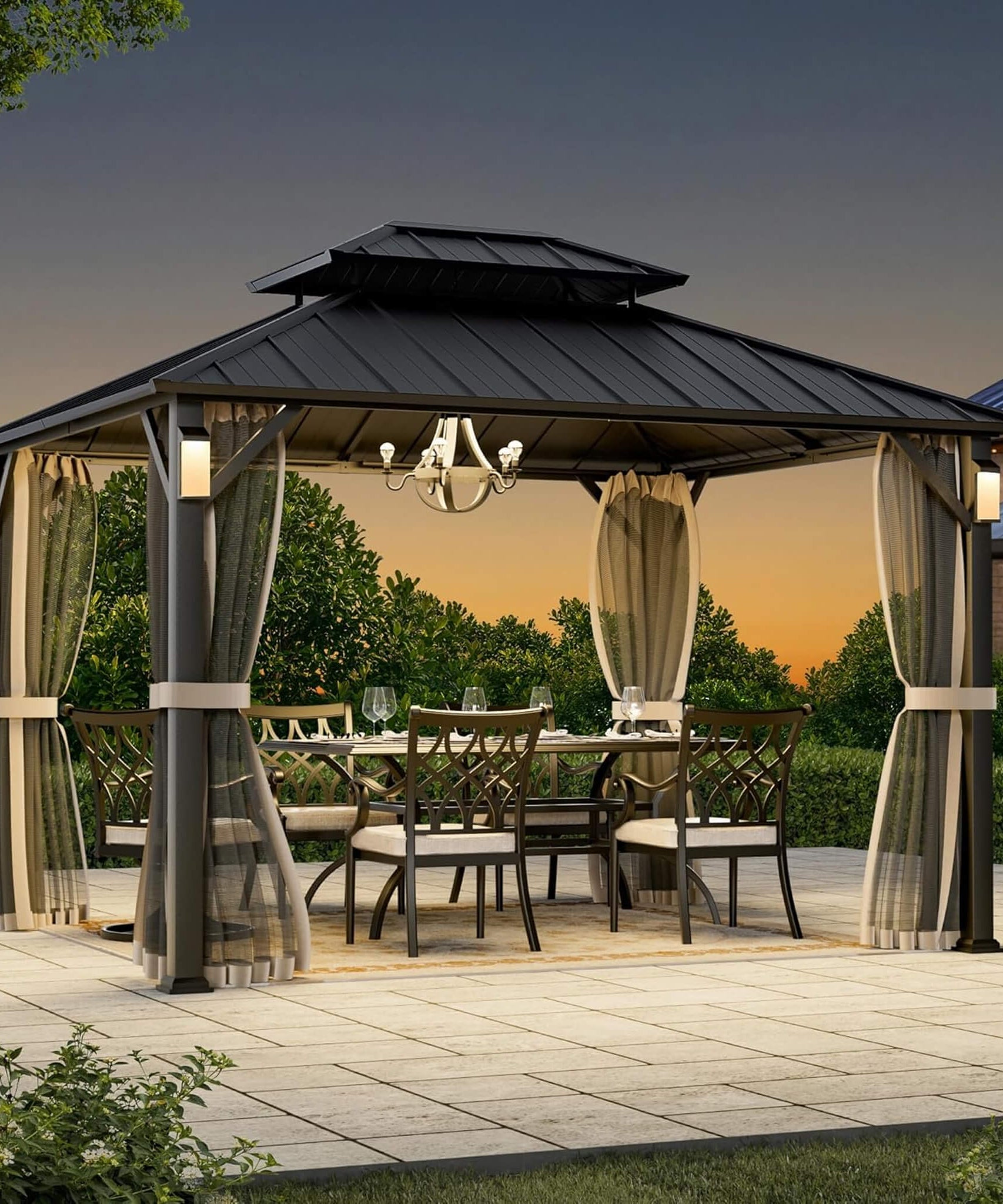 Alora Luxury Double Roof Hardtop Aluminum Gazebo With Decor Hooks, Mosquito Nettings, And LED Lights (SAK91824)