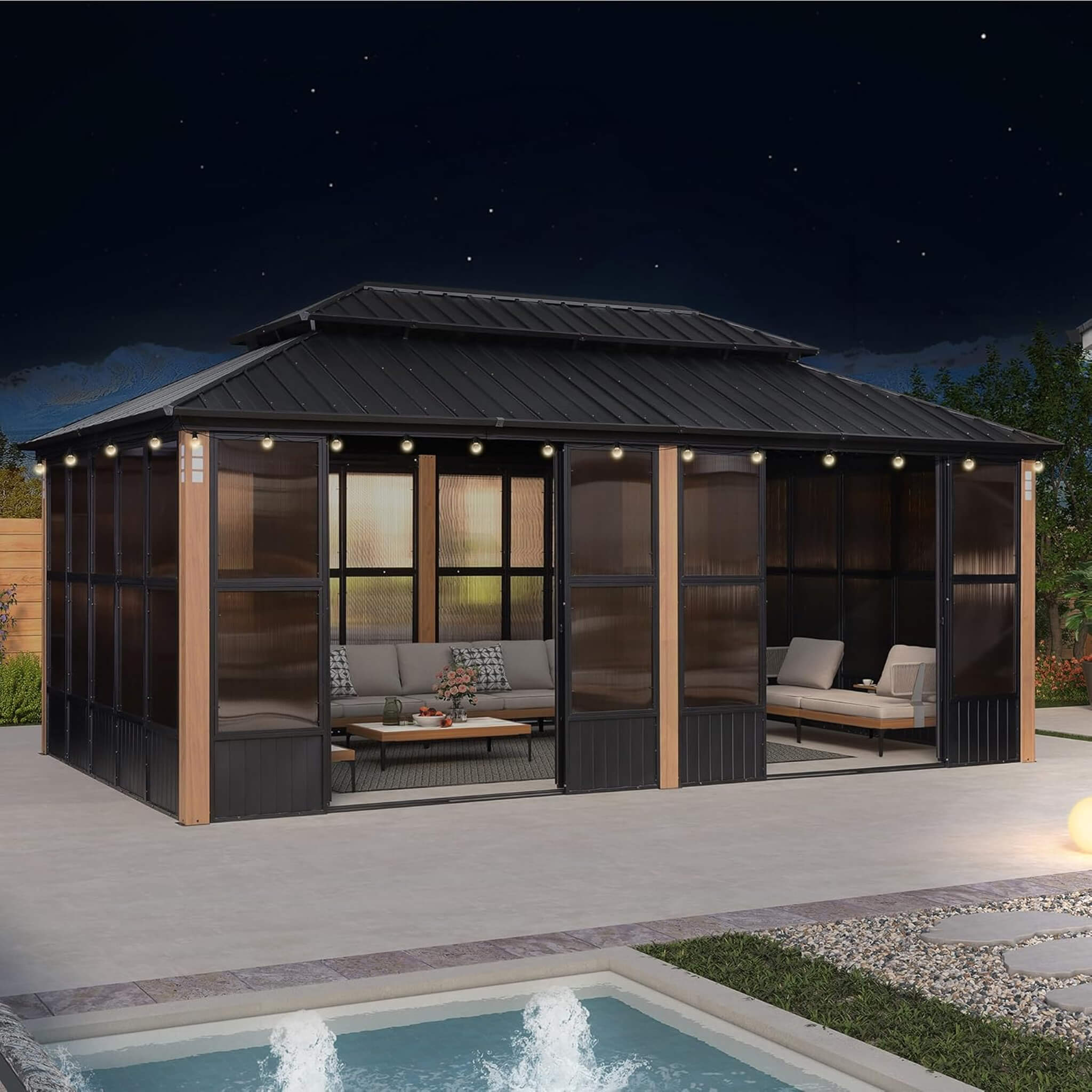 Alora Oasis Luxury Heavy-Duty Hardtop Sunroom With Aluminum Frame And LED Lights (SAK79102)