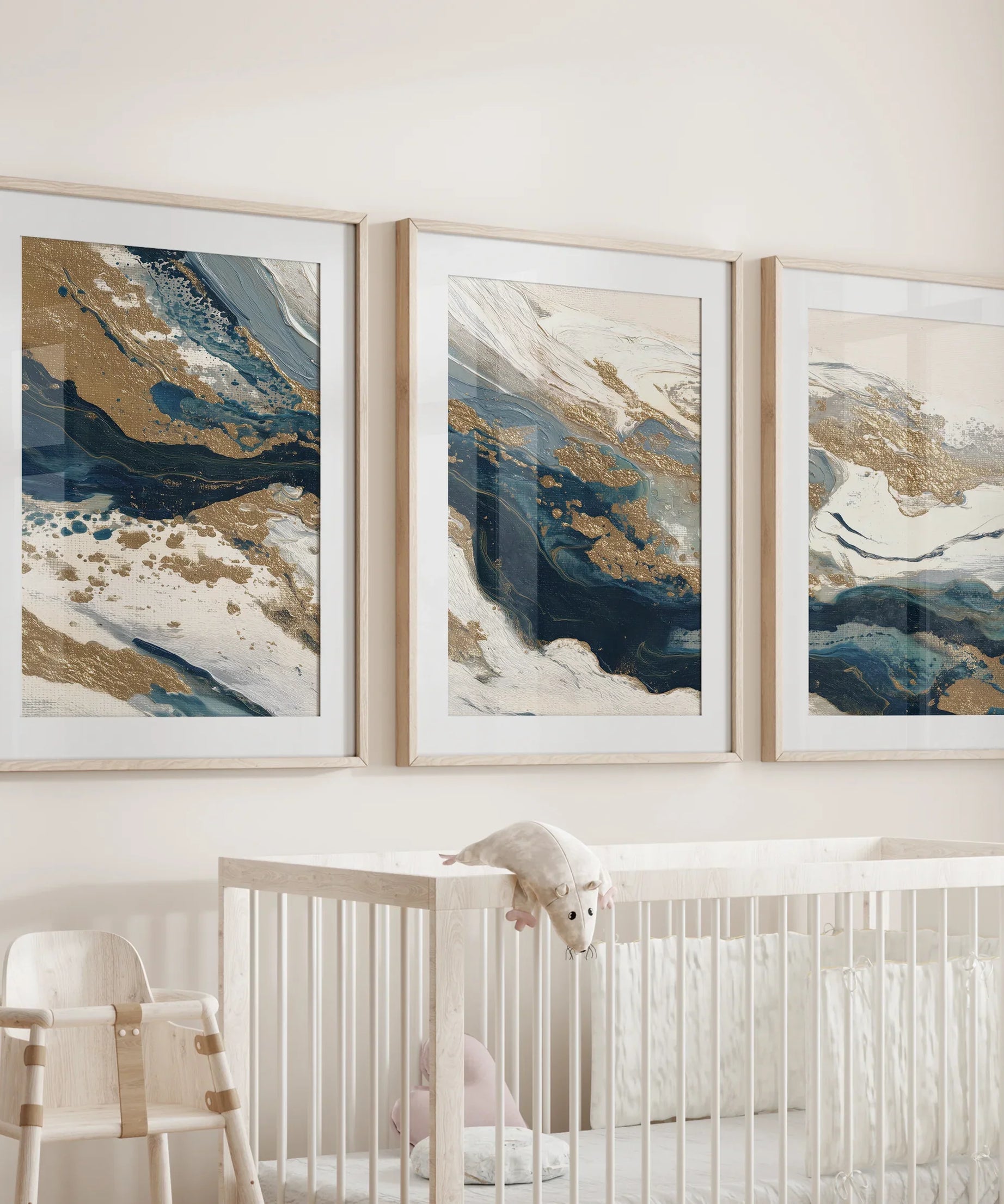 Gold & Blue Brush Strokes. Luxury 3 Piece Abstract Wall Art