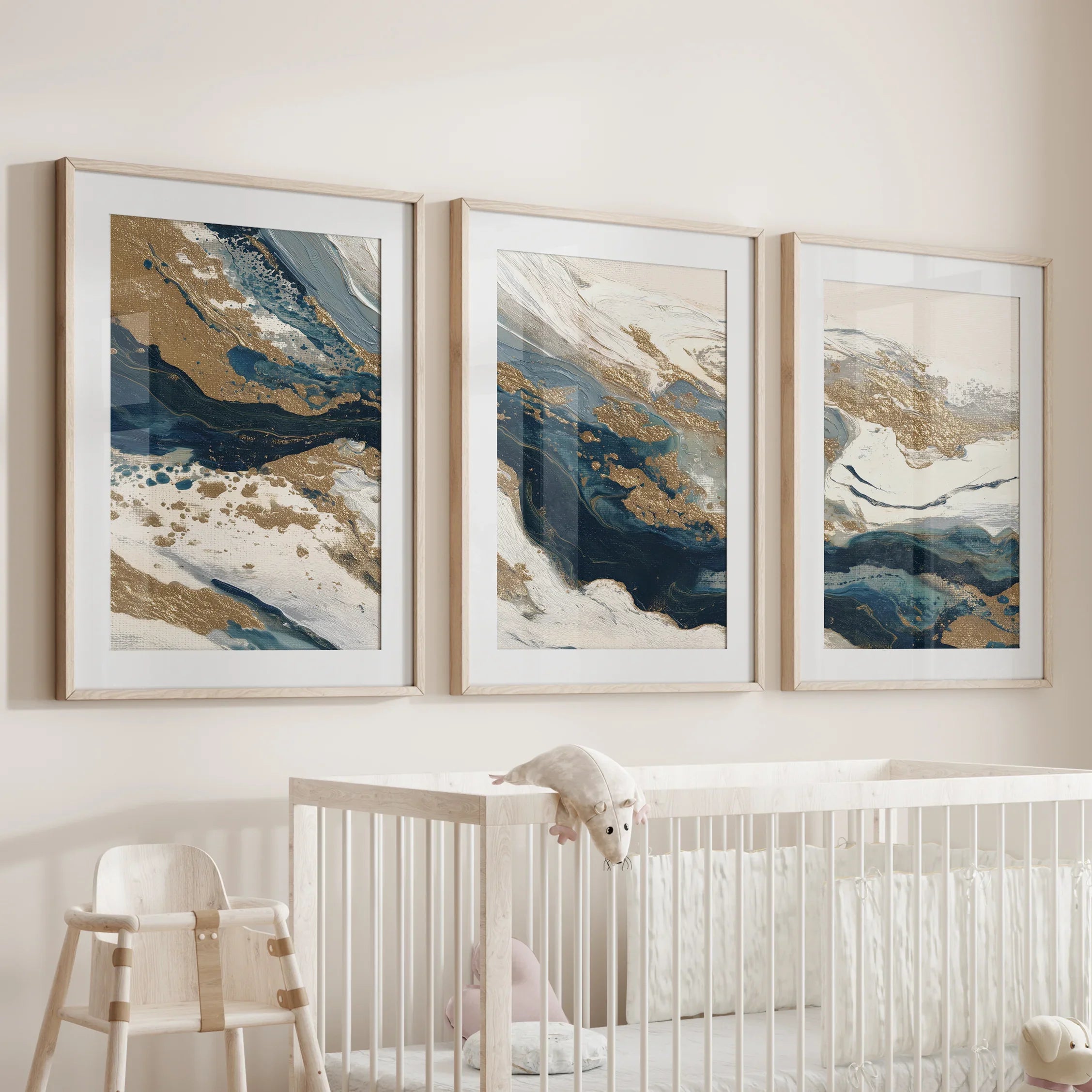 Gold & Blue Brush Strokes. Luxury 3 Piece Abstract Wall Art