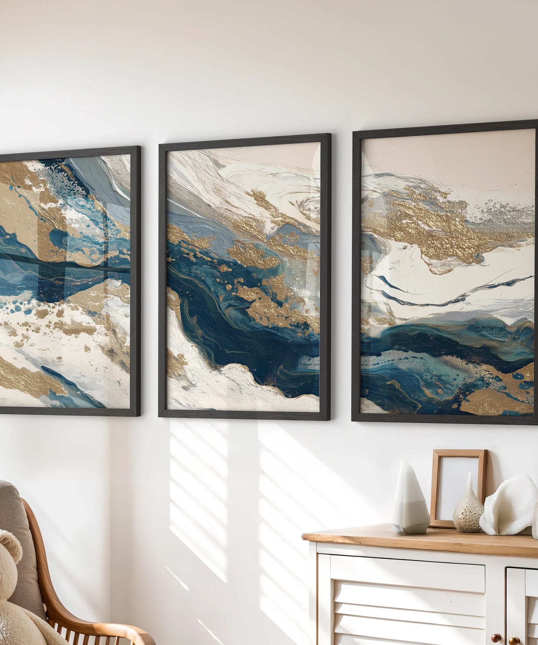 Gold & Blue Brush Strokes. Luxury 3 Piece Abstract Wall Art
