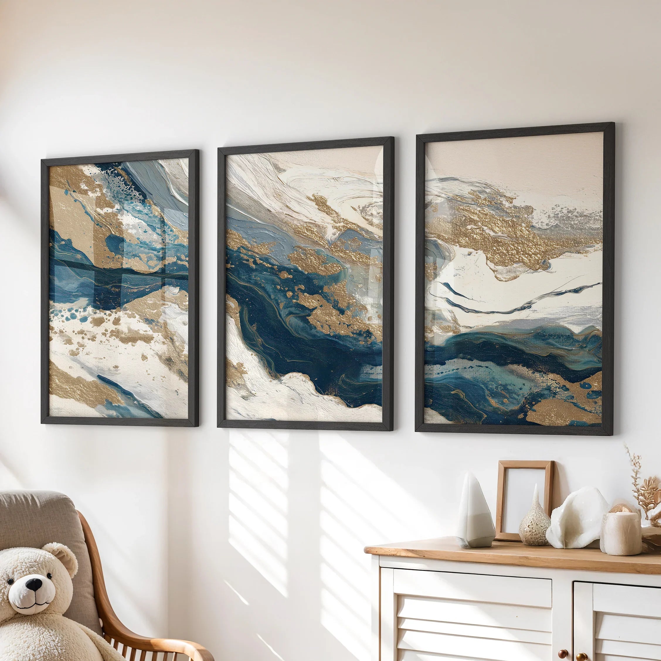 Gold & Blue Brush Strokes. Luxury 3 Piece Abstract Wall Art