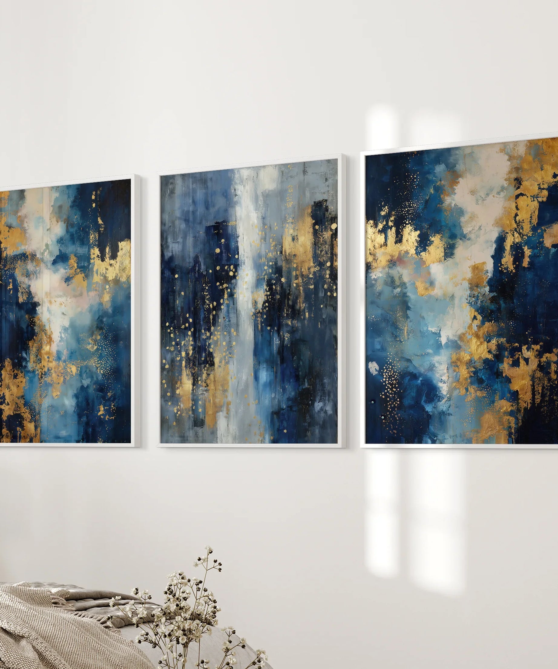 Elegant Navy and Gold Art Set of 3. Contemporary Abstract Prints