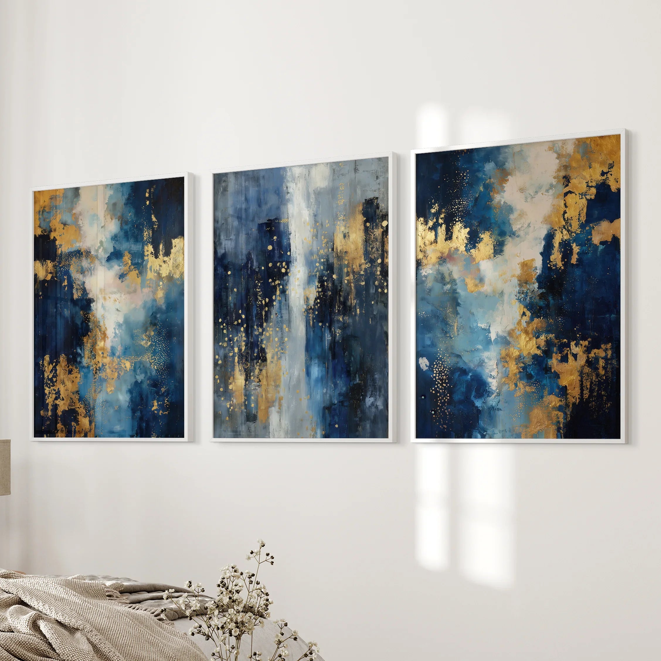 Elegant Navy and Gold Art Set of 3. Contemporary Abstract Prints