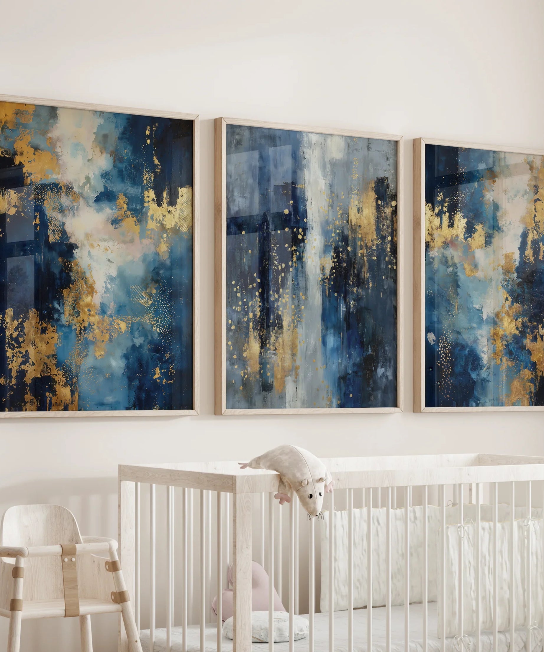 Elegant Navy and Gold Art Set of 3. Contemporary Abstract Prints