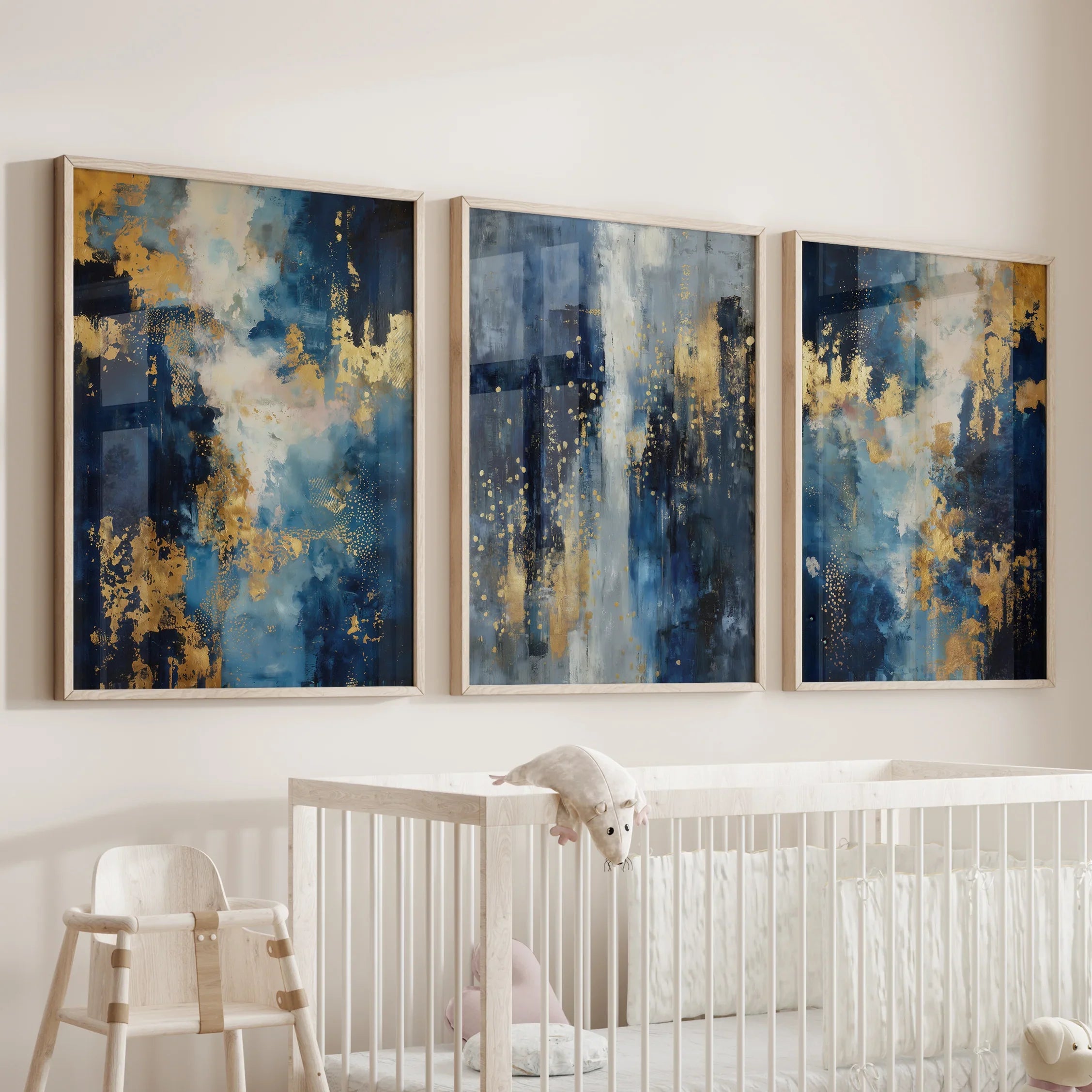 Elegant Navy and Gold Art Set of 3. Contemporary Abstract Prints