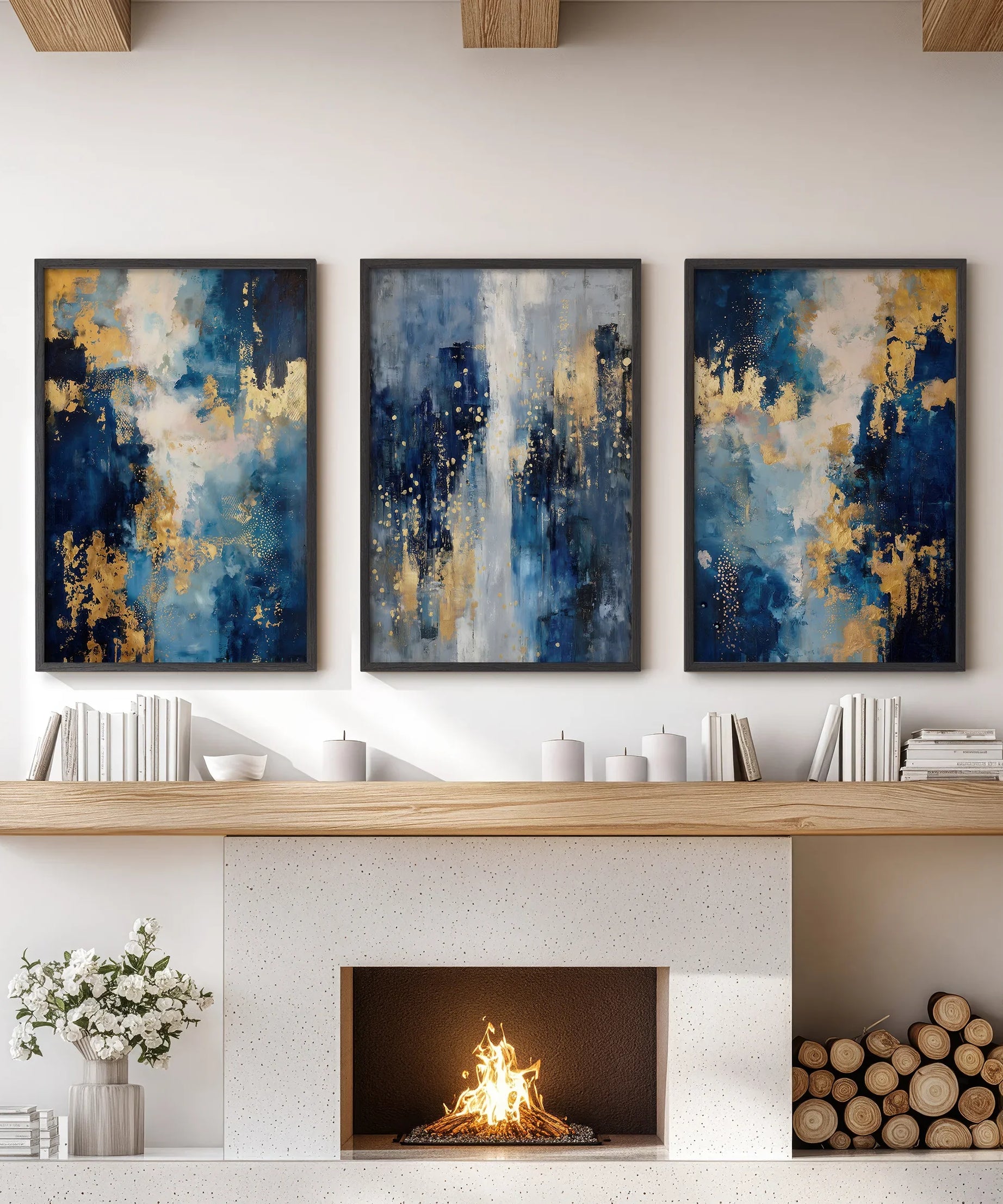 Elegant Navy and Gold Art Set of 3. Contemporary Abstract Prints