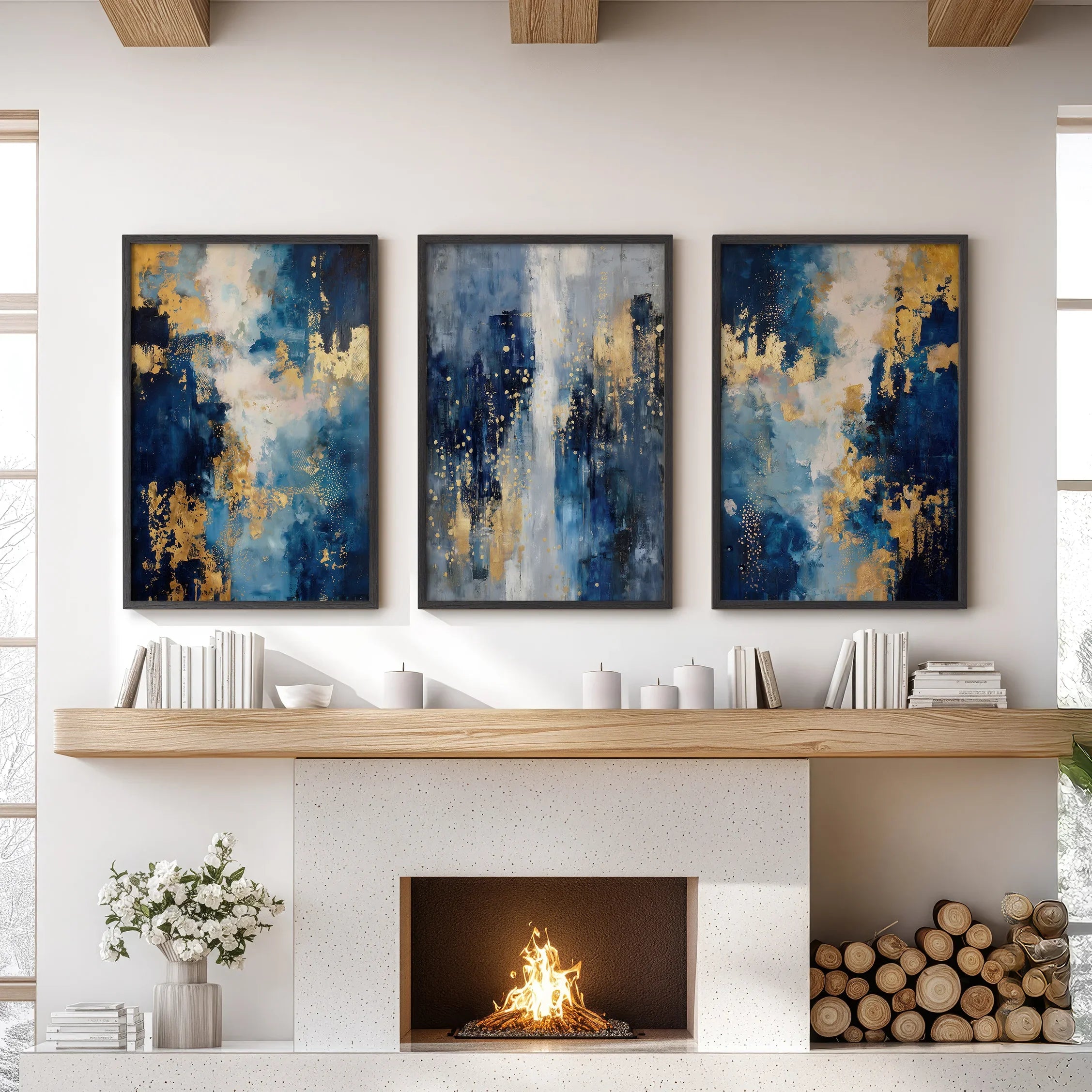 Elegant Navy and Gold Art Set of 3. Contemporary Abstract Prints