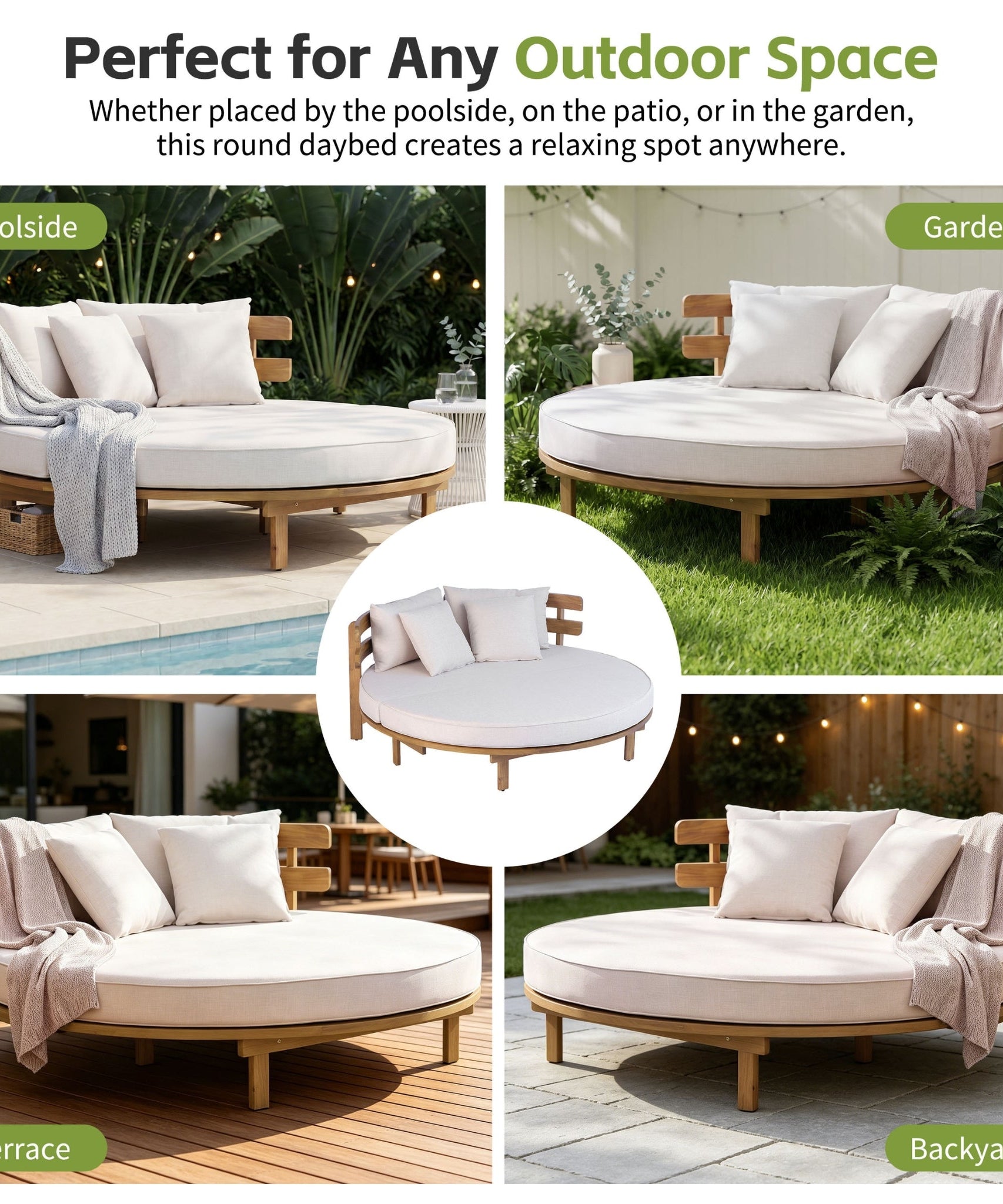 Alora Luxury Outdoor Acacia Wood Round Daybed With Cushions And Pillows (SAK40613)