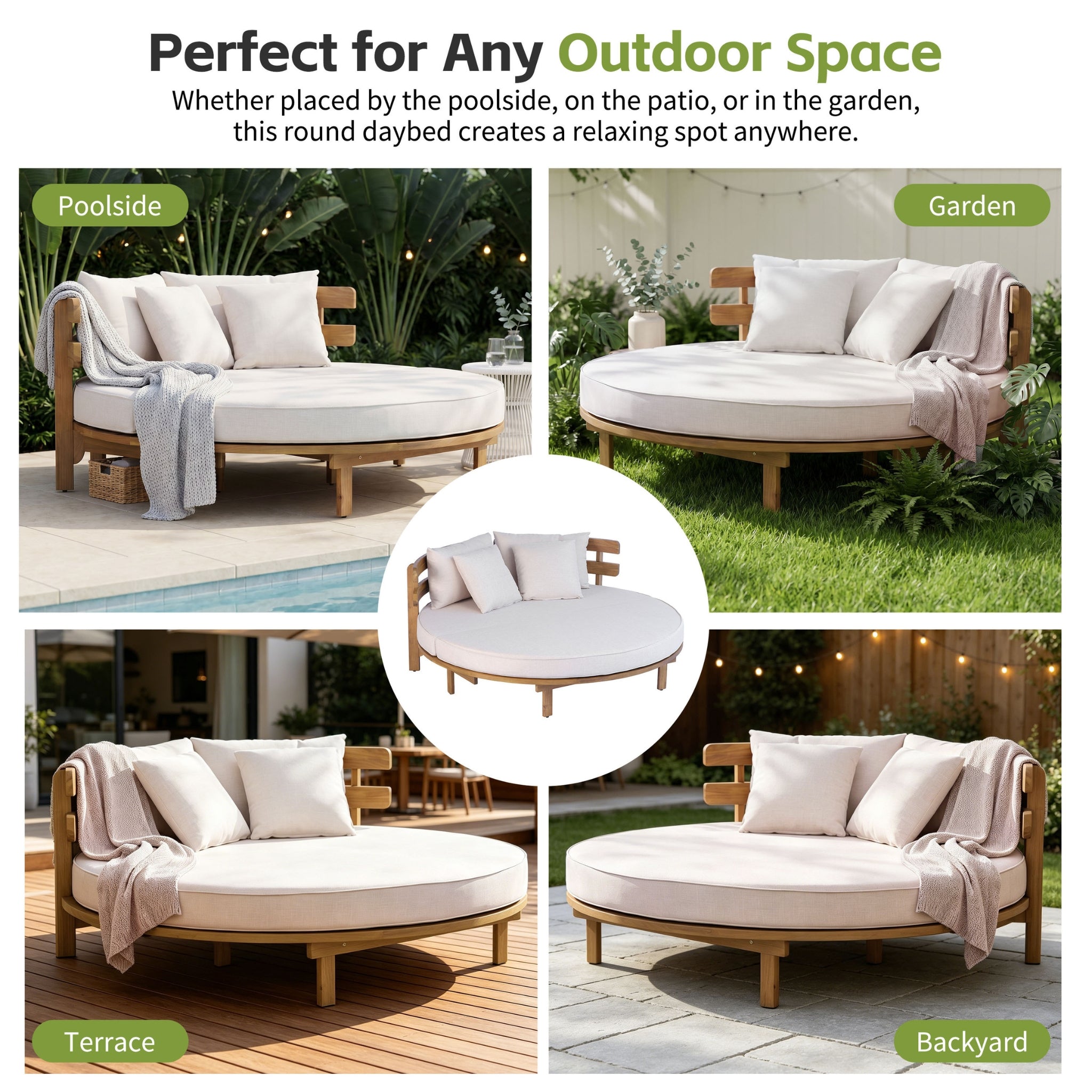 Alora Luxury Outdoor Acacia Wood Round Daybed With Cushions And Pillows (SAK40613)