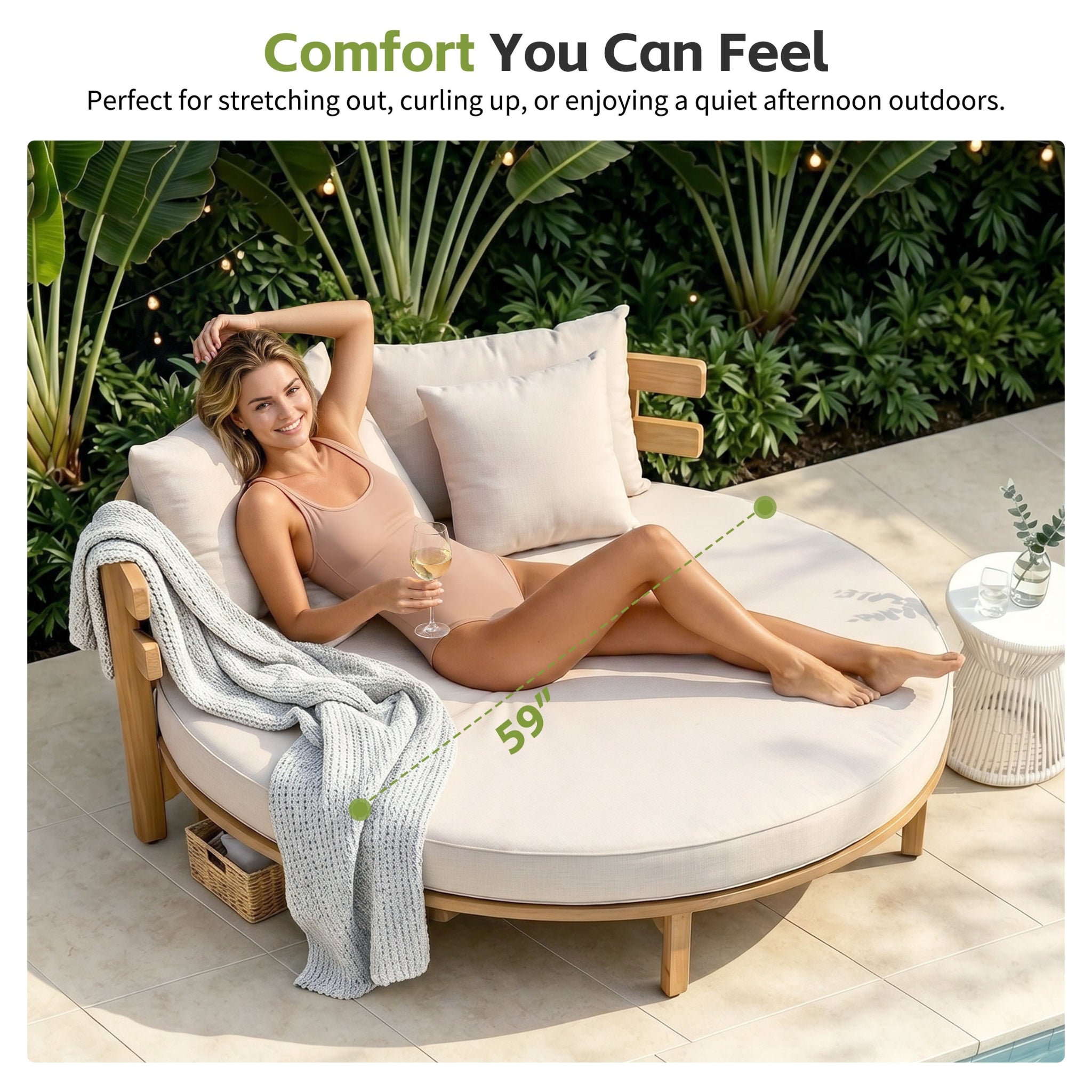 Alora Luxury Outdoor Acacia Wood Round Daybed With Cushions And Pillows (SAK40613)