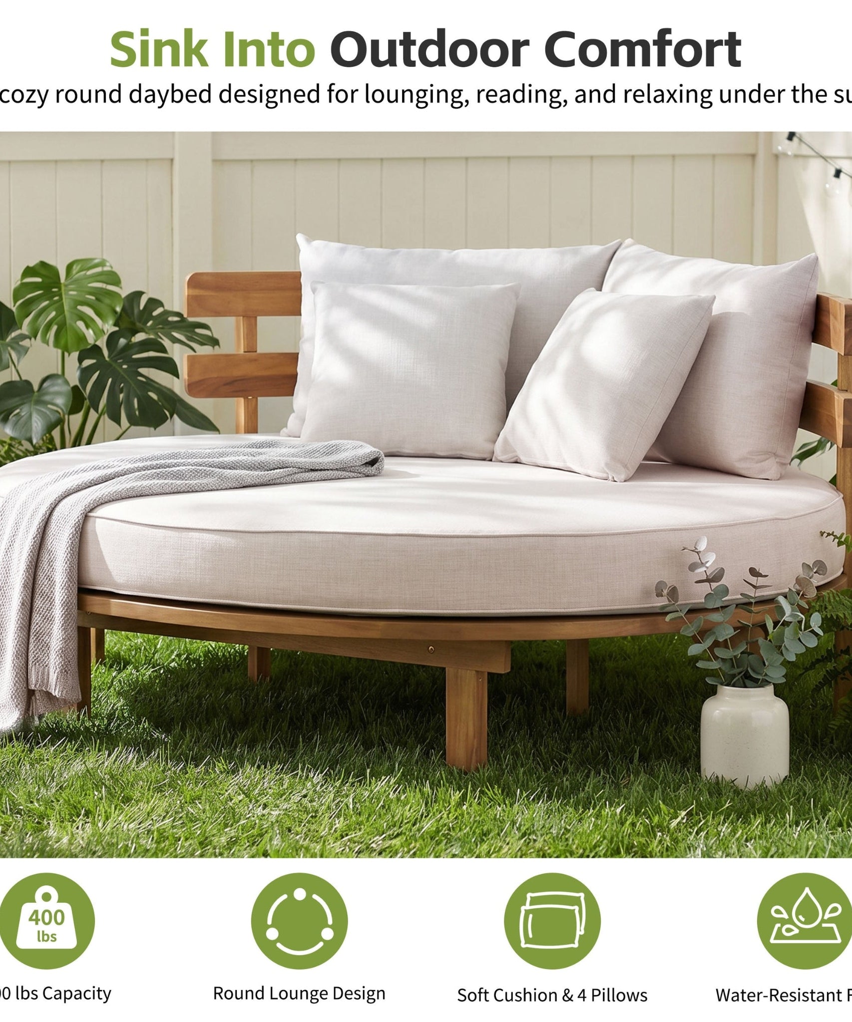 Alora Luxury Outdoor Acacia Wood Round Daybed With Cushions And Pillows (SAK40613)