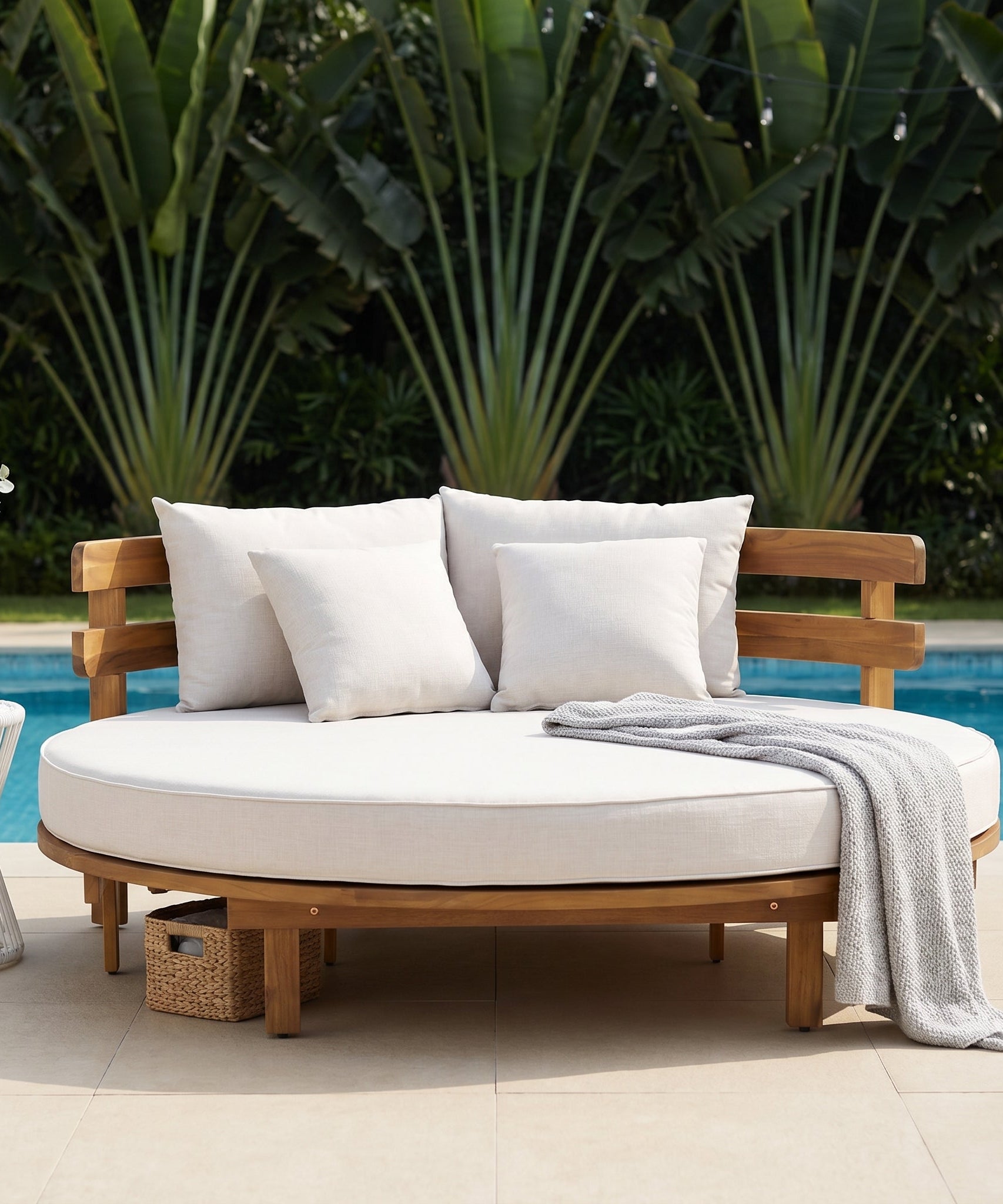 Alora Luxury Outdoor Acacia Wood Round Daybed With Cushions And Pillows (SAK40613)